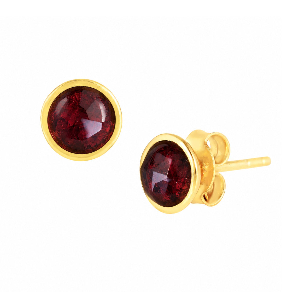 Round faceted 6mm garnet domed stud earrings in a gold collet on a white background
