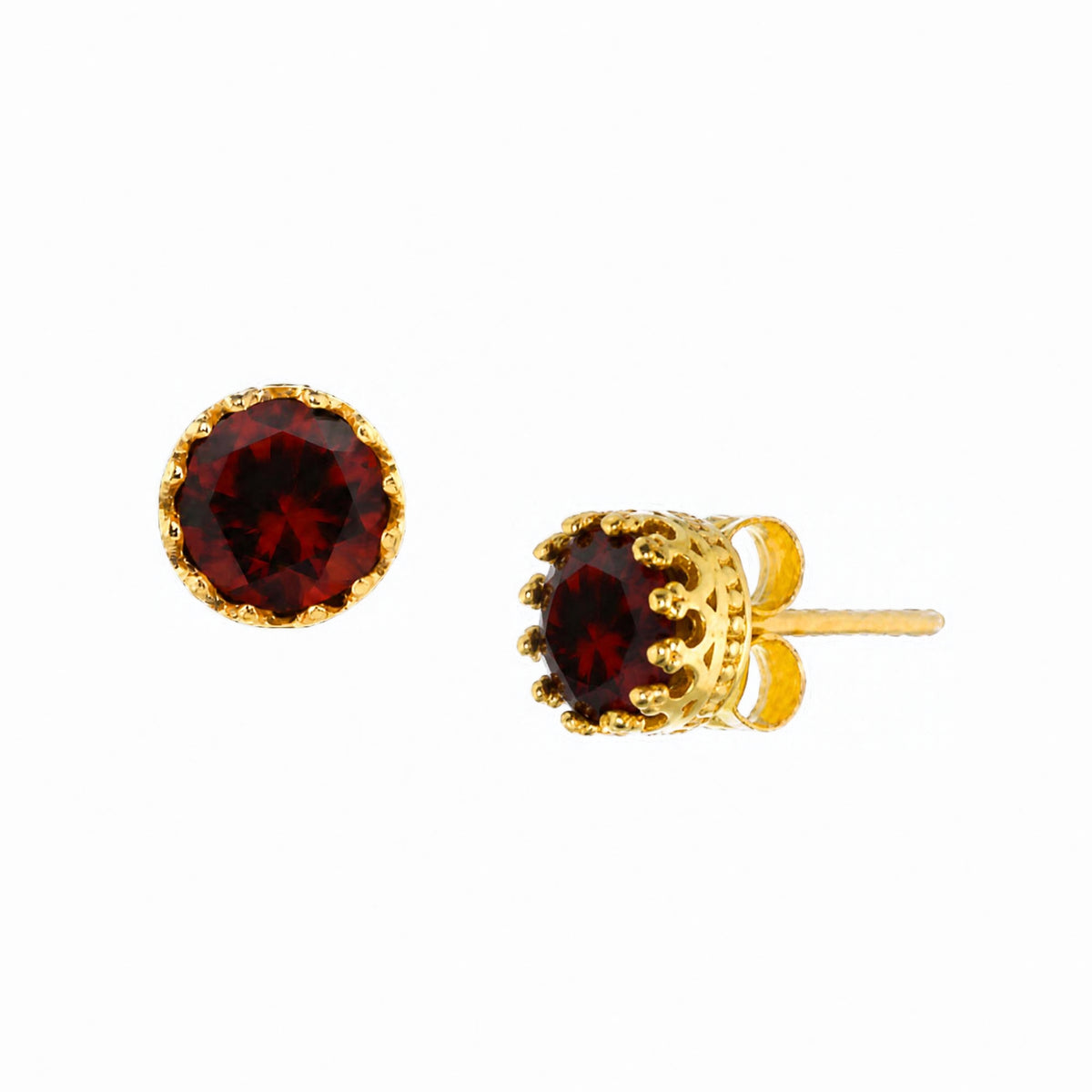 Round faceted 7mm deep red garnet stud earrings in a gold crown setting on a white background
