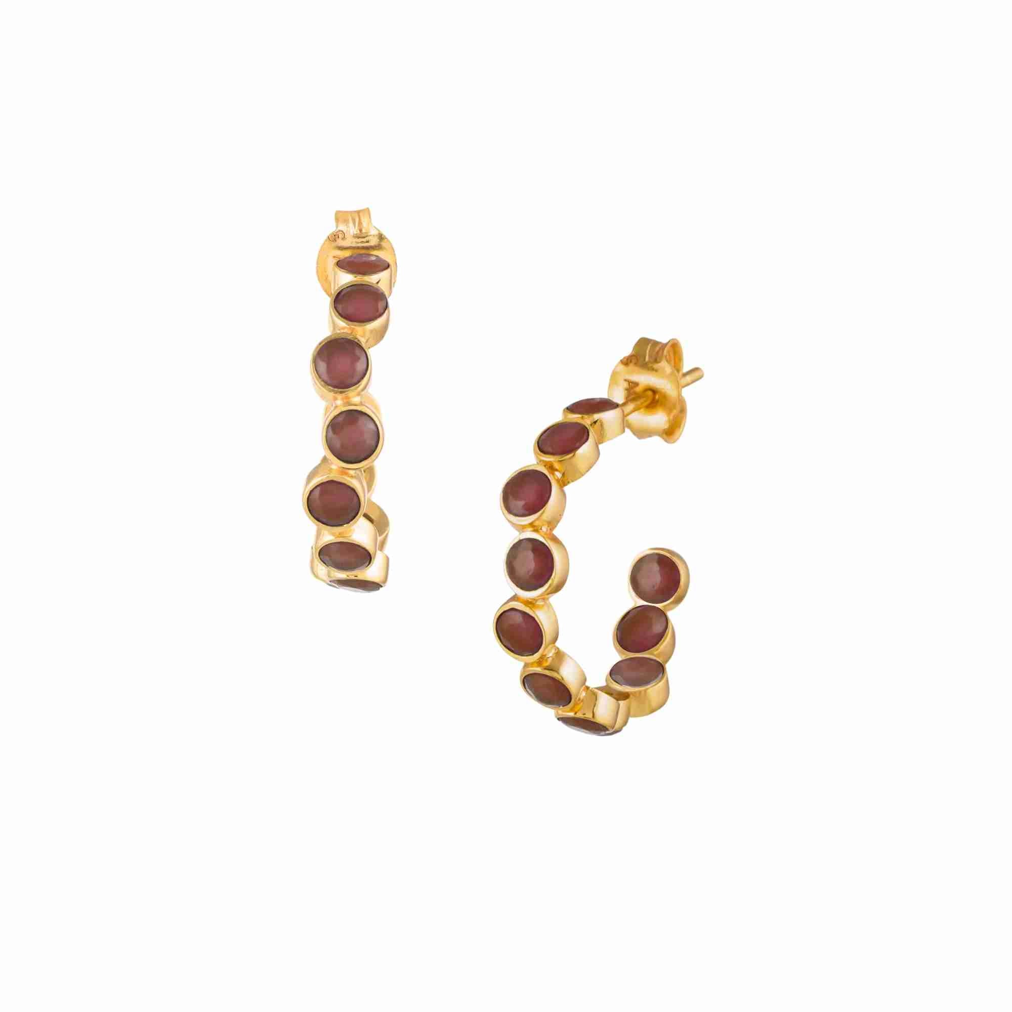 Dew Drops Garnet Studded Hoop Earrings Gold — open hoop with round-cut Garnet gemstones bezel-set along the outer rim in high-shine 22K gold finish with push-back post closure — Protsaah.