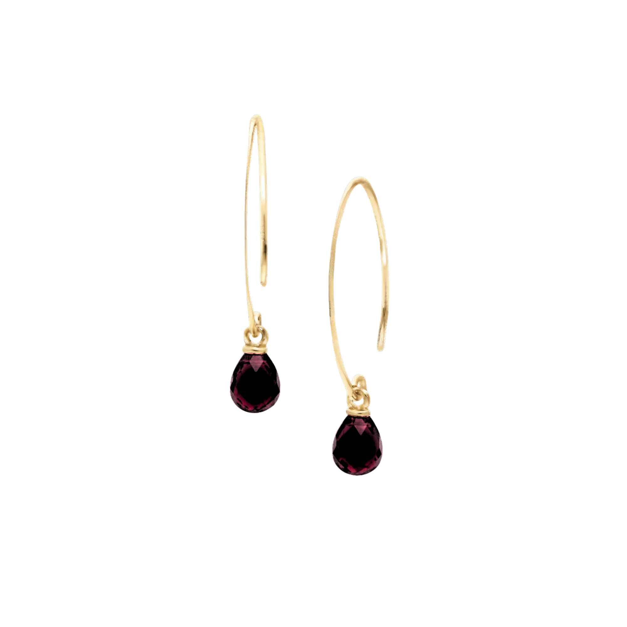Pair of elongated, minimalist 22K gold plated 925 Silver open marquise-shaped wire hooks, each dangling a micro-faceted teardrop briolette charm made of natural deep crimson red Garnet gemstone with rich jewel-tone clarity against a plain white background — Protsaah Zurich.