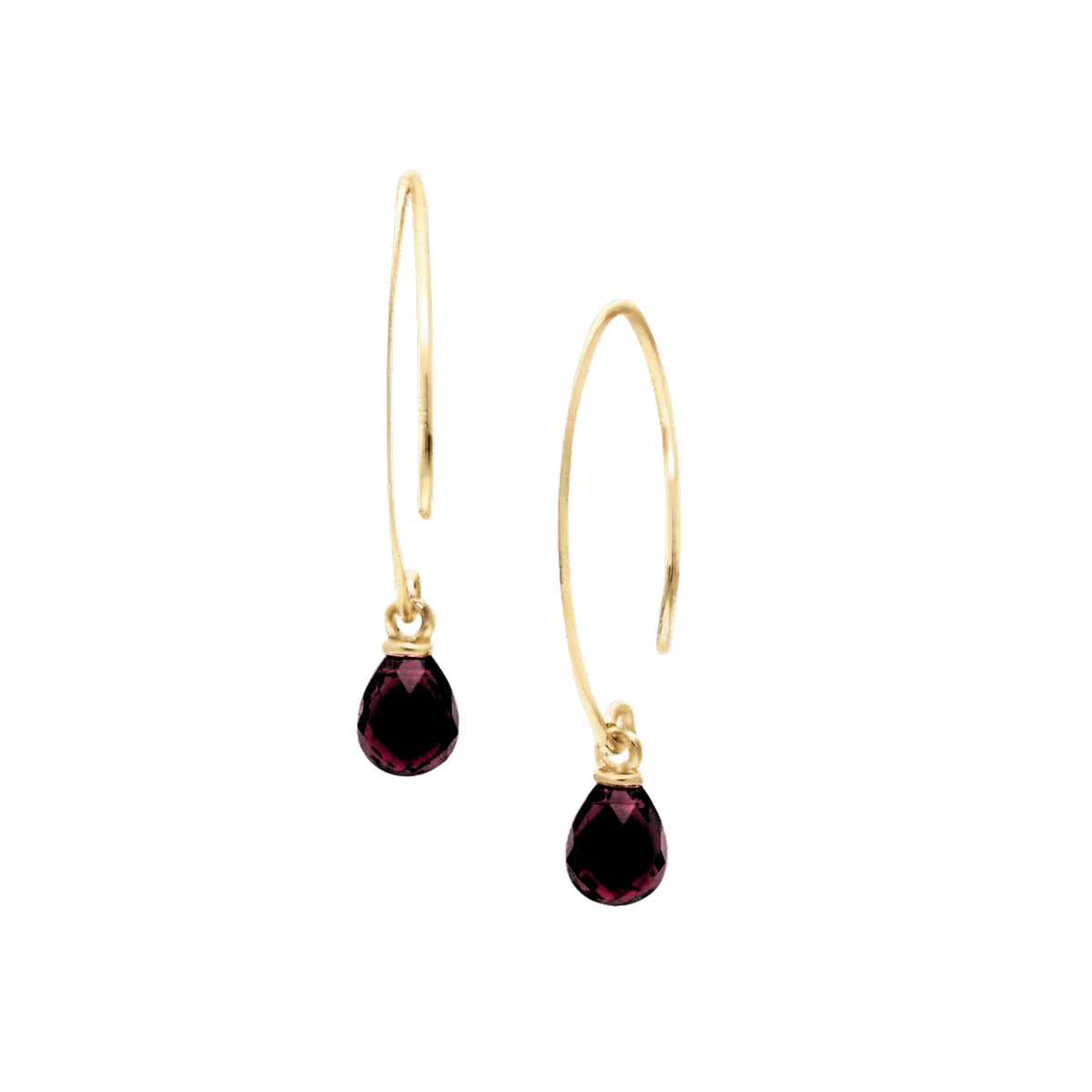 Pear briolette garnet drop earrings on long open gold arc hooks on a white background