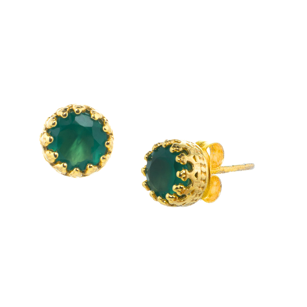 Round faceted 7mm deep green onyx stud earrings in a gold crown setting on a white background