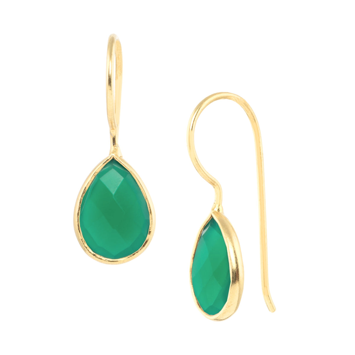 Faceted 7 x 10mm green onyx teardrop drop earrings in a gold bezel on wire hooks on a white background