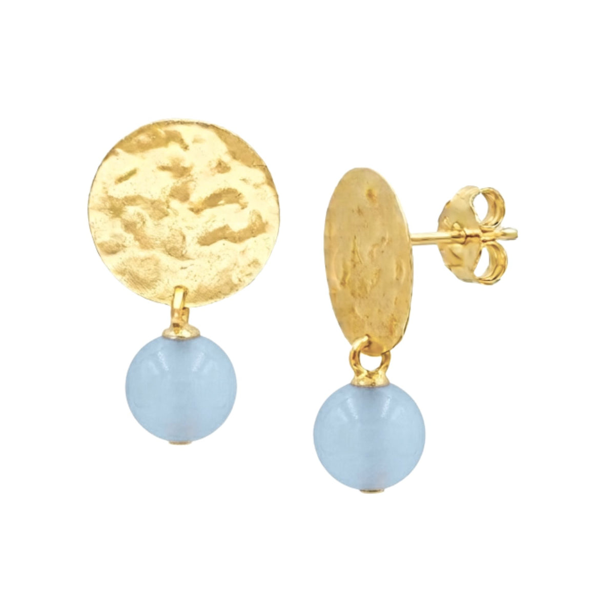 Round blue chalcedony bead drop earrings under hammered gold discs on posts on a white background