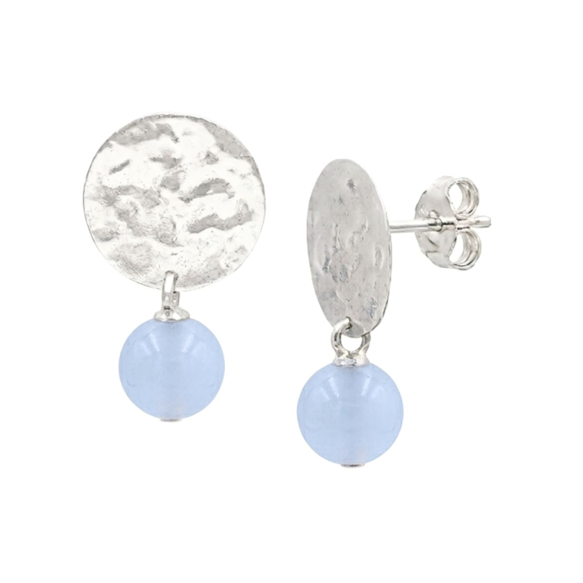 Round blue chalcedony bead drop earrings under hammered silver discs on posts on a white background