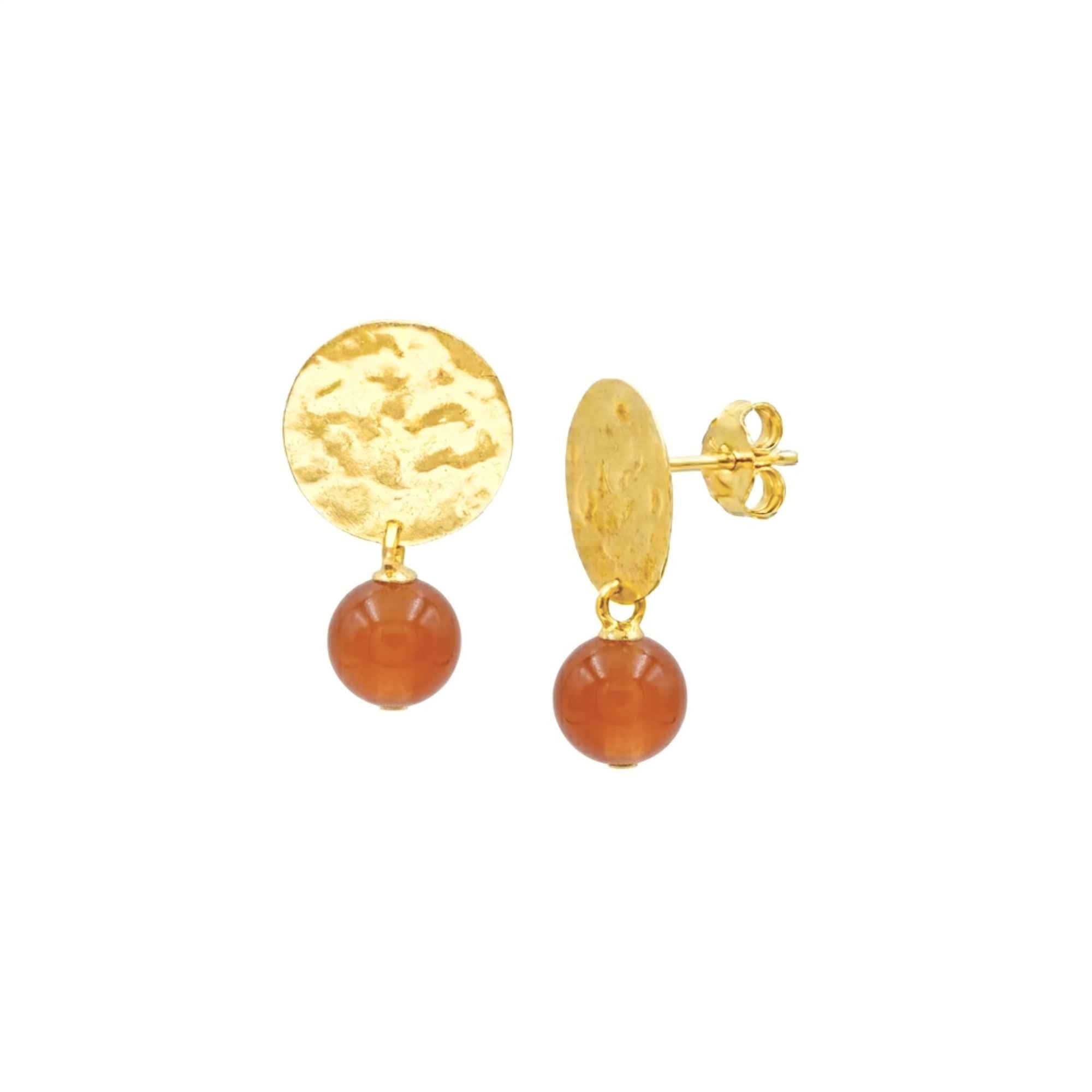 Pair of high-polish hammered 22K gold plated 925 silver coin stud earrings with dangling spherical warm translucent burnt orange Carnelian gemstone beads on white background — Protsaah Zurich.