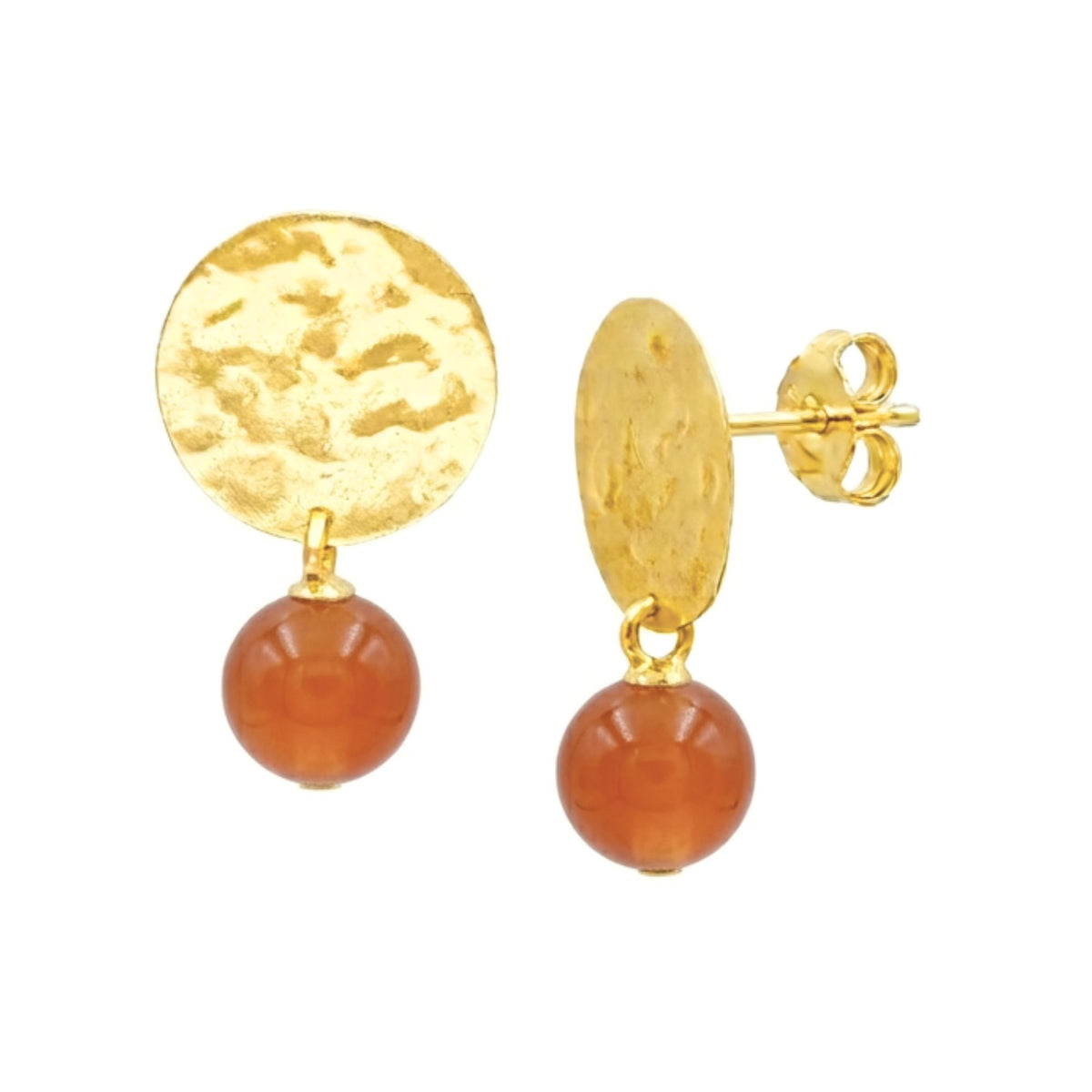 Round carnelian bead drop earrings under hammered gold discs on posts on a white background