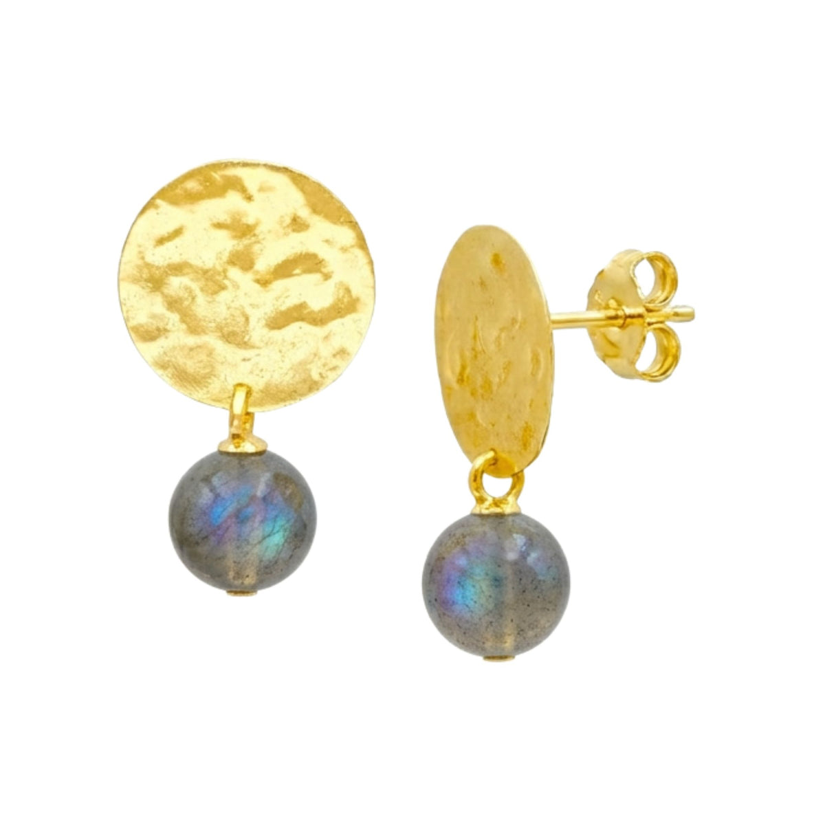 Round labradorite bead drop earrings under hammered gold discs on posts on a white background