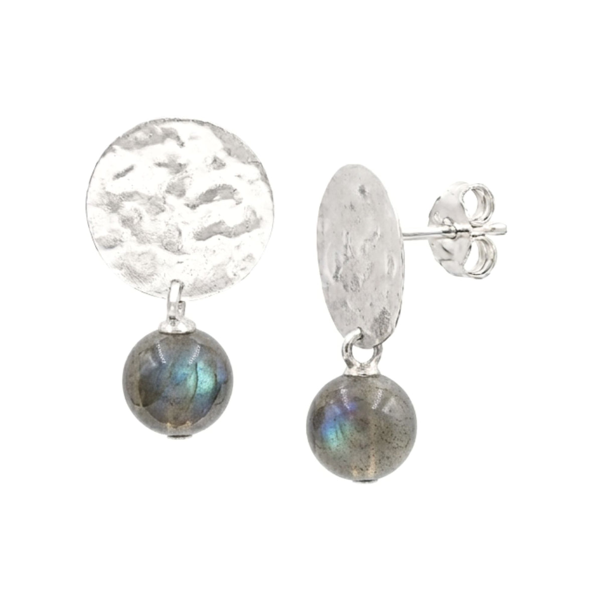 Round labradorite bead drop earrings under hammered silver discs on posts on a white background