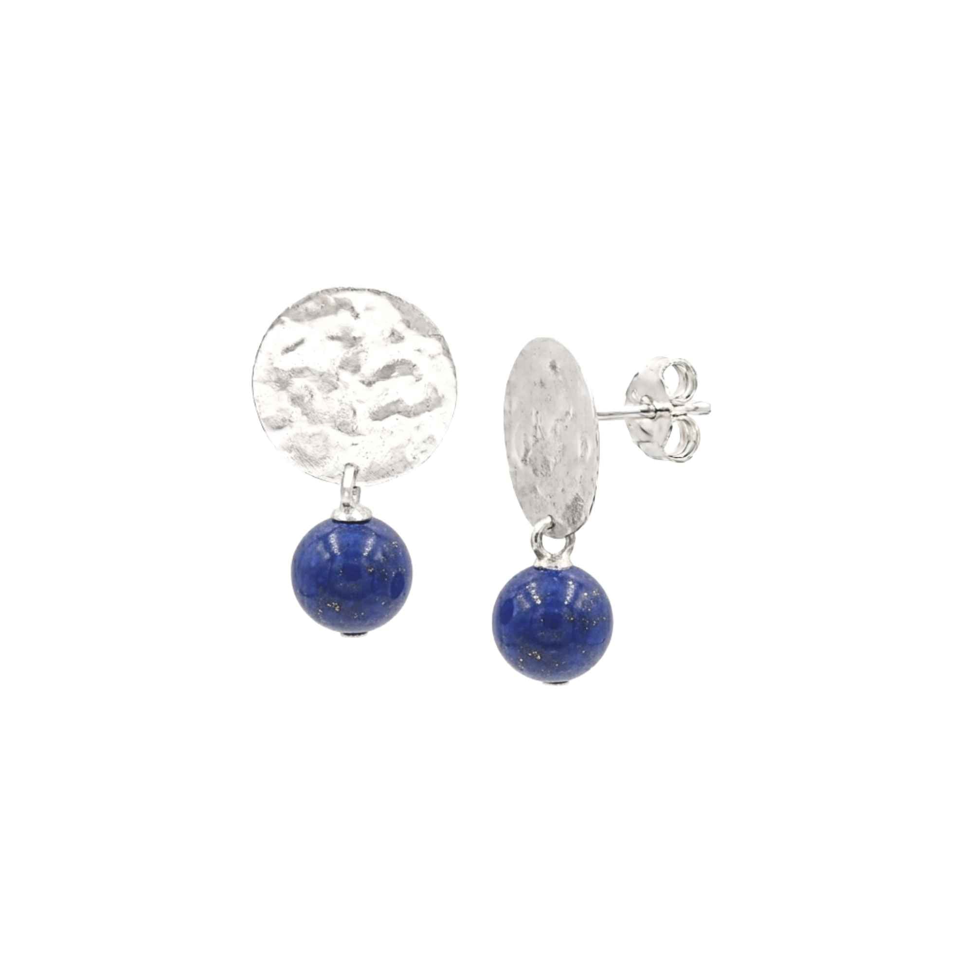 Pair of high-polish hammered 925 sterling silver coin stud earrings with dangling spherical deep royal blue AA quality Lapis Lazuli gemstone beads featuring gold pyrite flecks on white background — Protsaah Zurich.