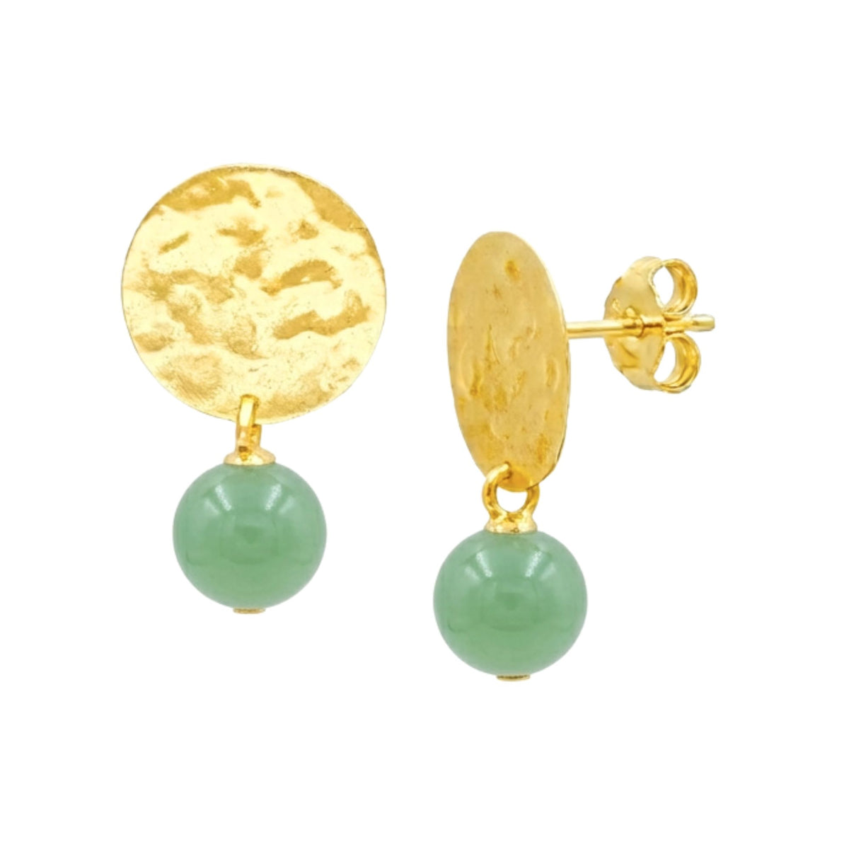 Round nephrite jade bead drop earrings under hammered gold discs on posts on a white background
