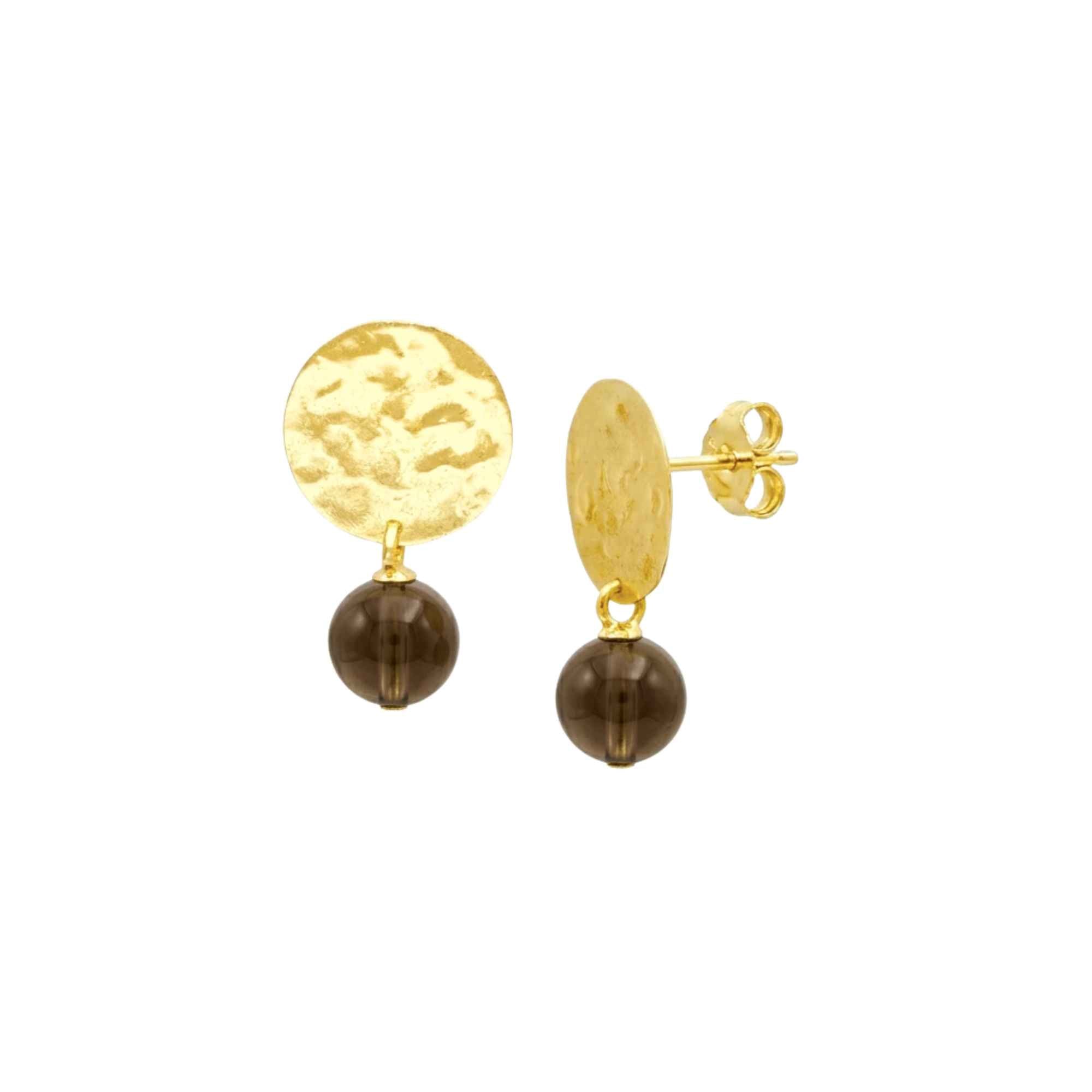 Pair of high-polish hammered 22K gold plated 925 silver coin stud earrings with dangling spherical translucent earthy brownish-gray Smoky Quartz gemstone beads on white background — Protsaah Zurich.