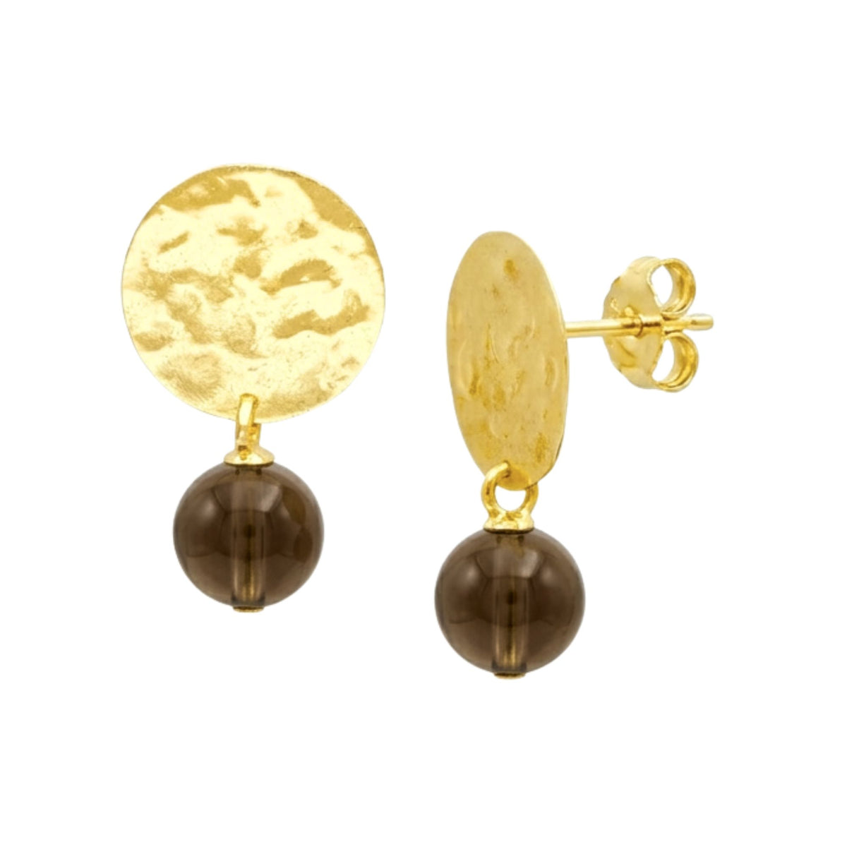 Round smoky quartz bead drop earrings under hammered gold discs on posts on a white background