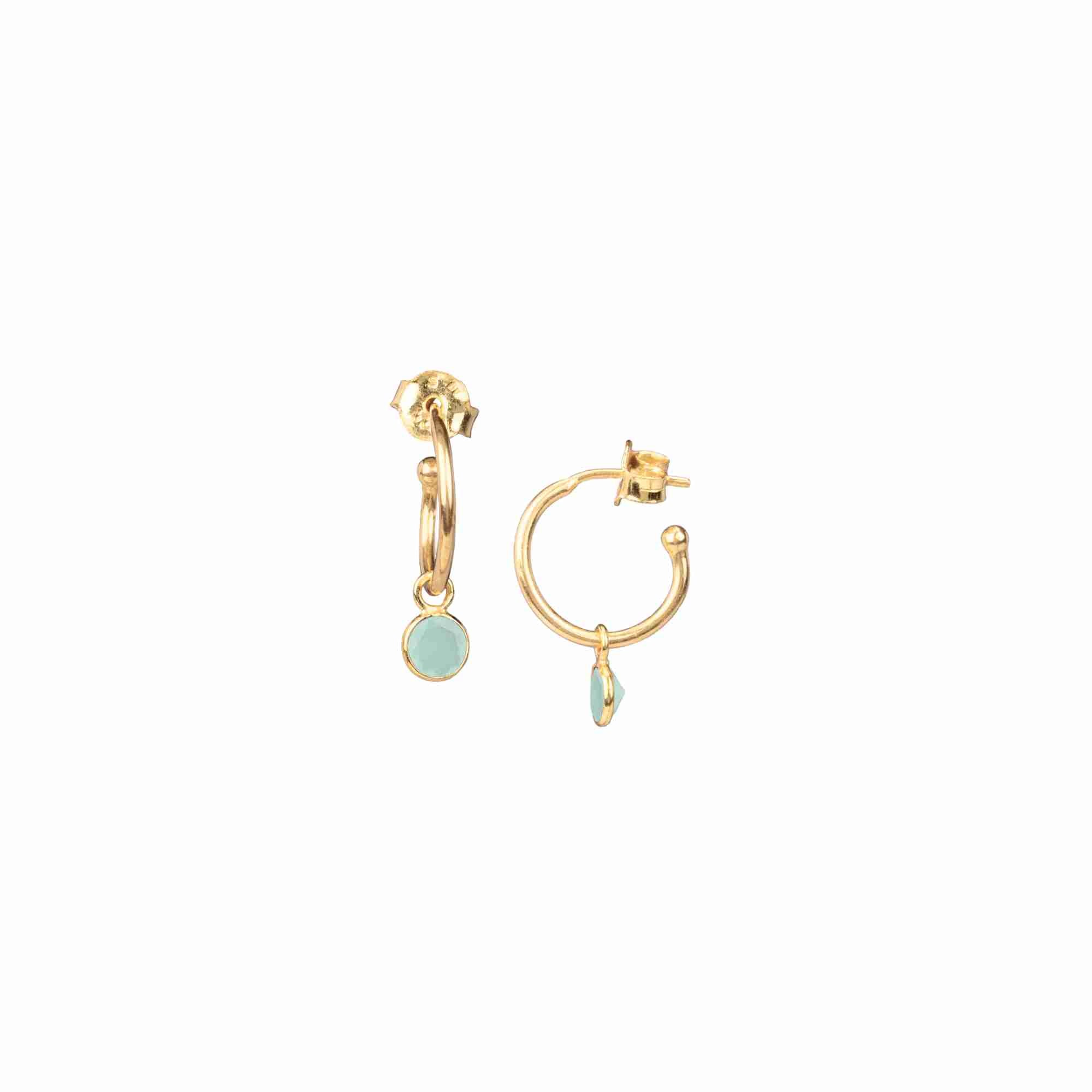 Dew Drops Hoop Earrings with Aqua Chalcedony Charm Gold — elegant 22K gold vermeil small hoop earrings featuring a dangling, bezel-set round natural translucent light blue aqua chalcedony gemstone charm by Protsaah Zurich.