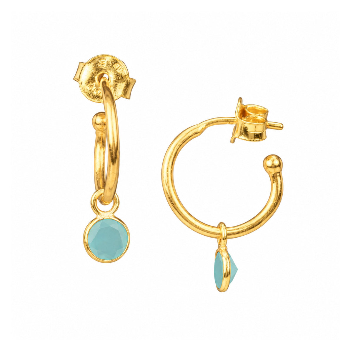 Small faceted aqua chalcedony charm on gold mini hoop earrings with push-back posts on a white background