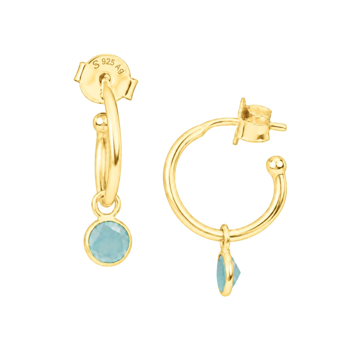 Small faceted aqua chalcedony charm on gold mini hoop earrings with push-back posts on a white background