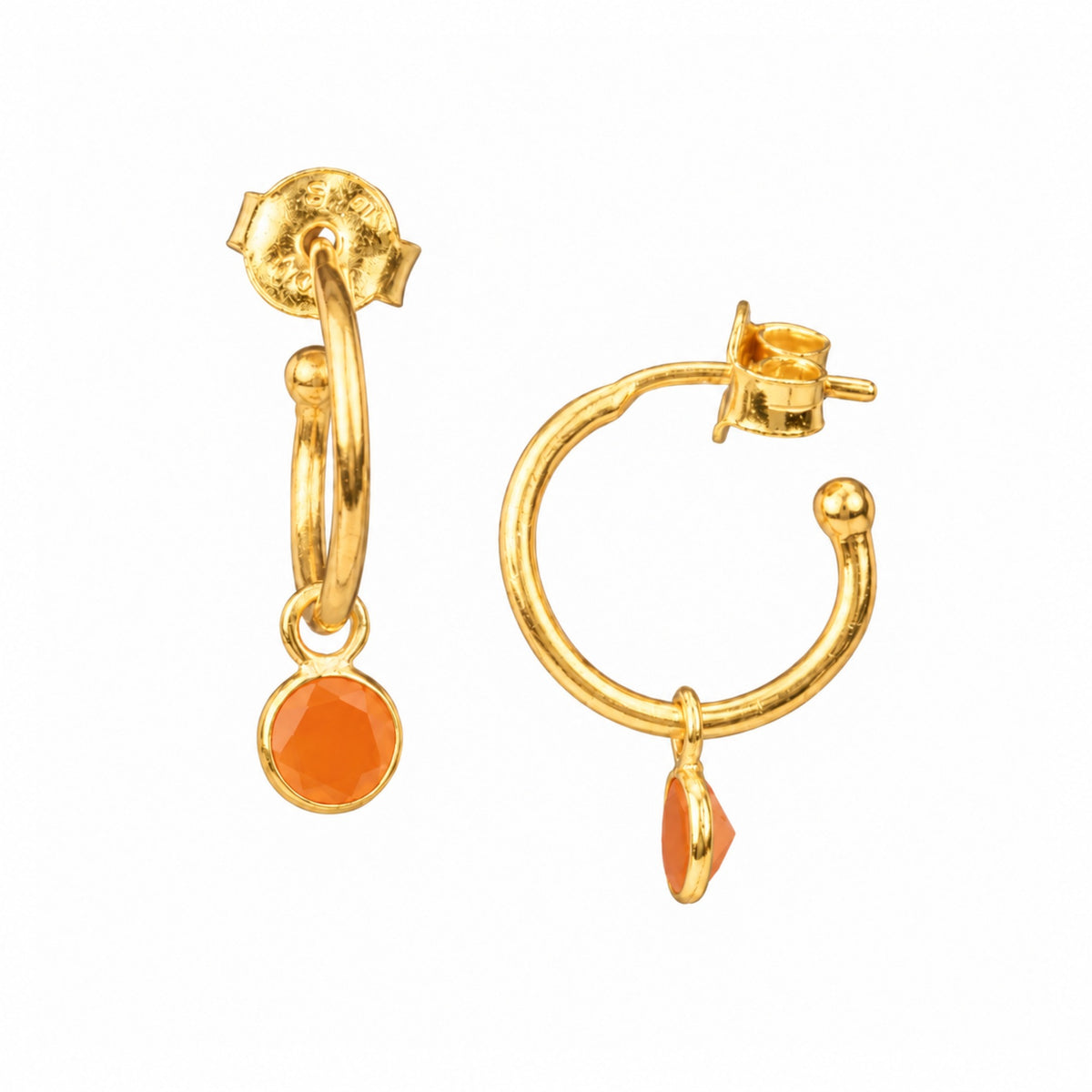 Small faceted carnelian charm on gold mini hoop earrings with push-back posts on a white background