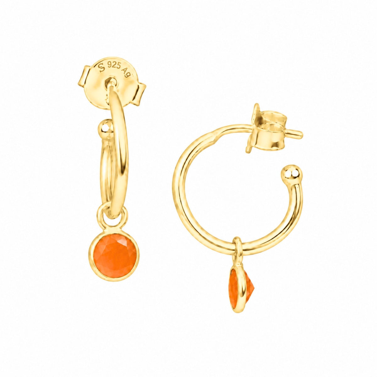 Small faceted carnelian charm on gold mini hoop earrings with push-back posts on a white background