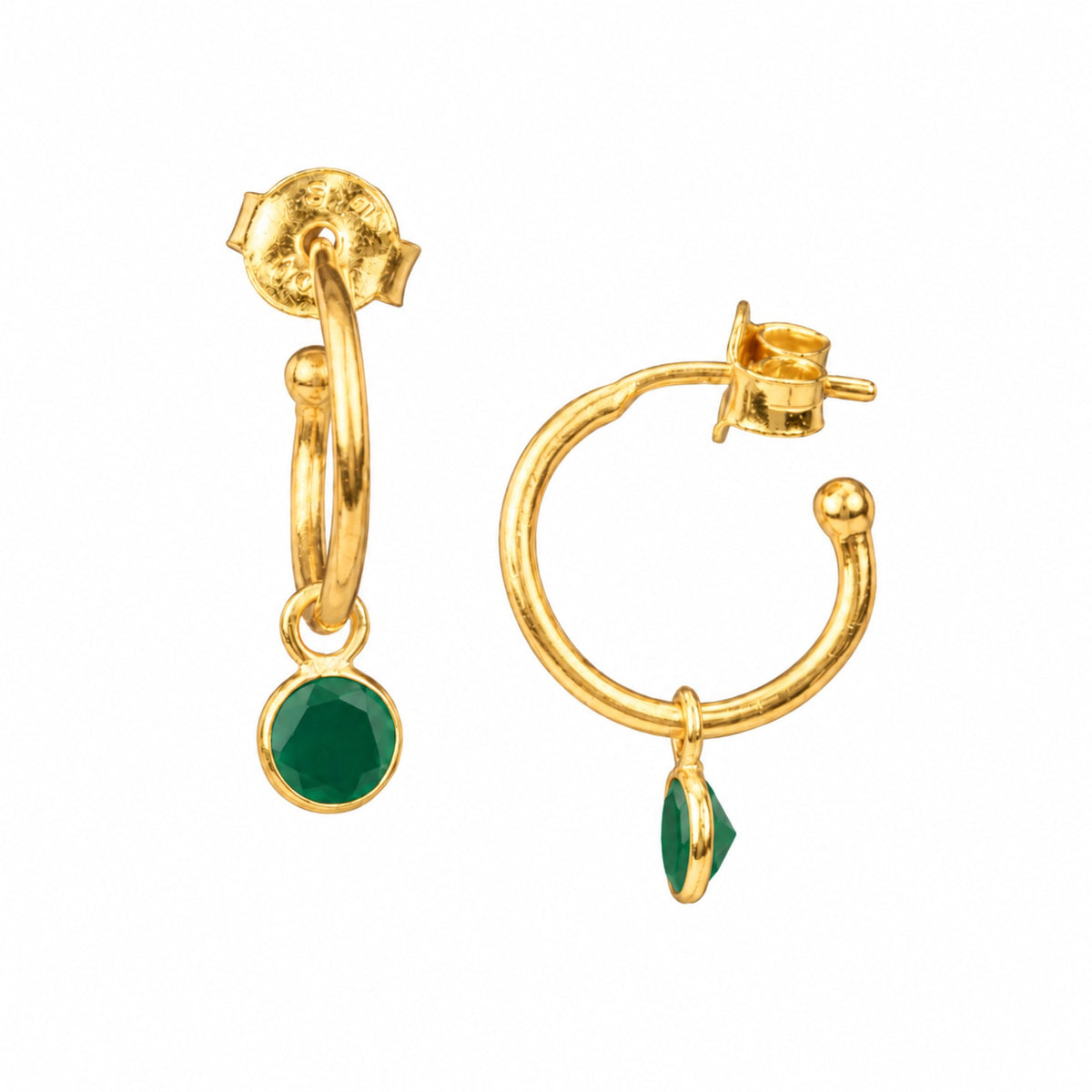 Small faceted green onyx charm on gold mini hoop earrings with push-back posts on a white background
