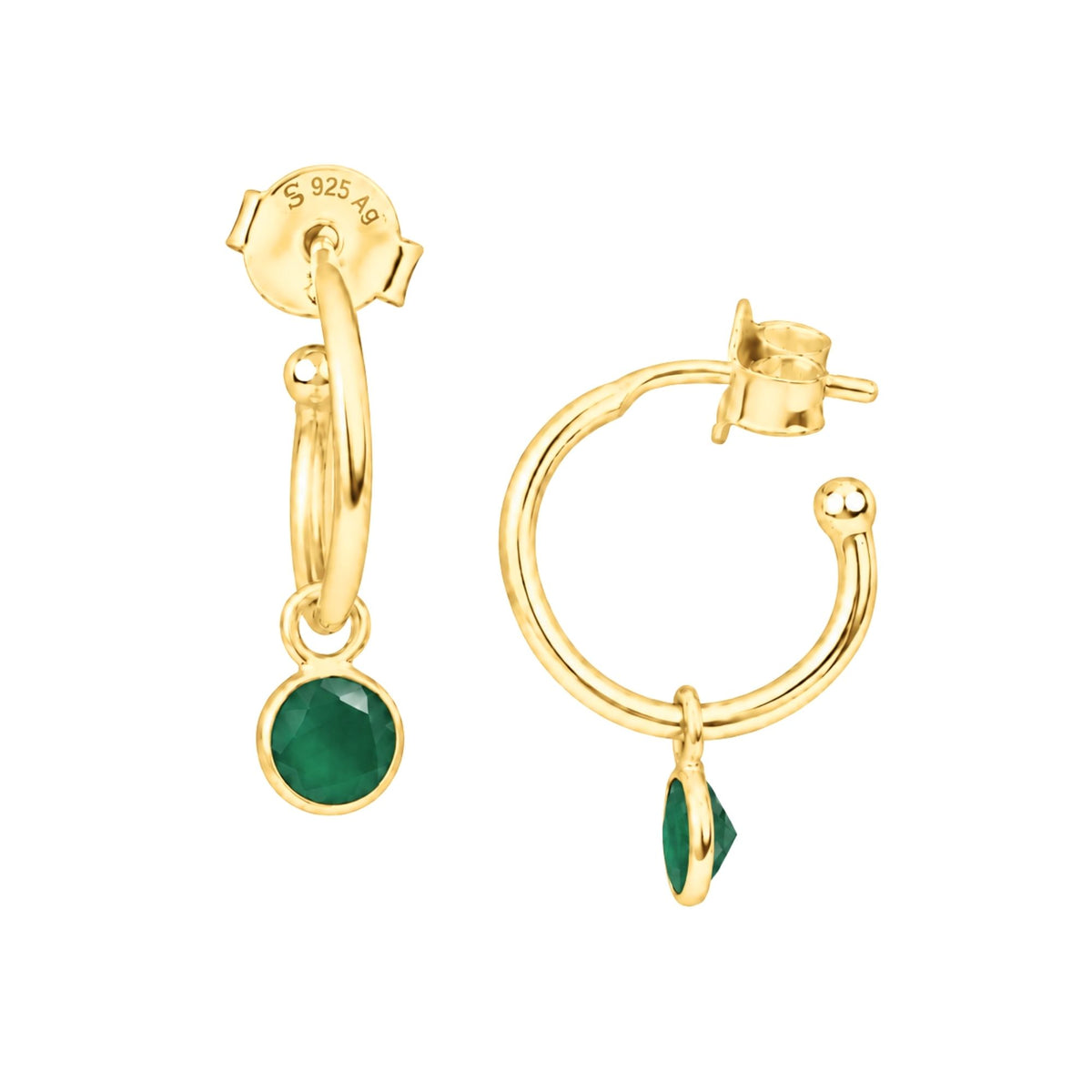 Small faceted green onyx charm on gold mini hoop earrings with push-back posts on a white background