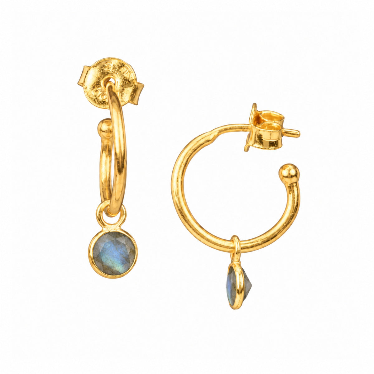 Small faceted labradorite charm on gold mini hoop earrings with push-back posts on a white background