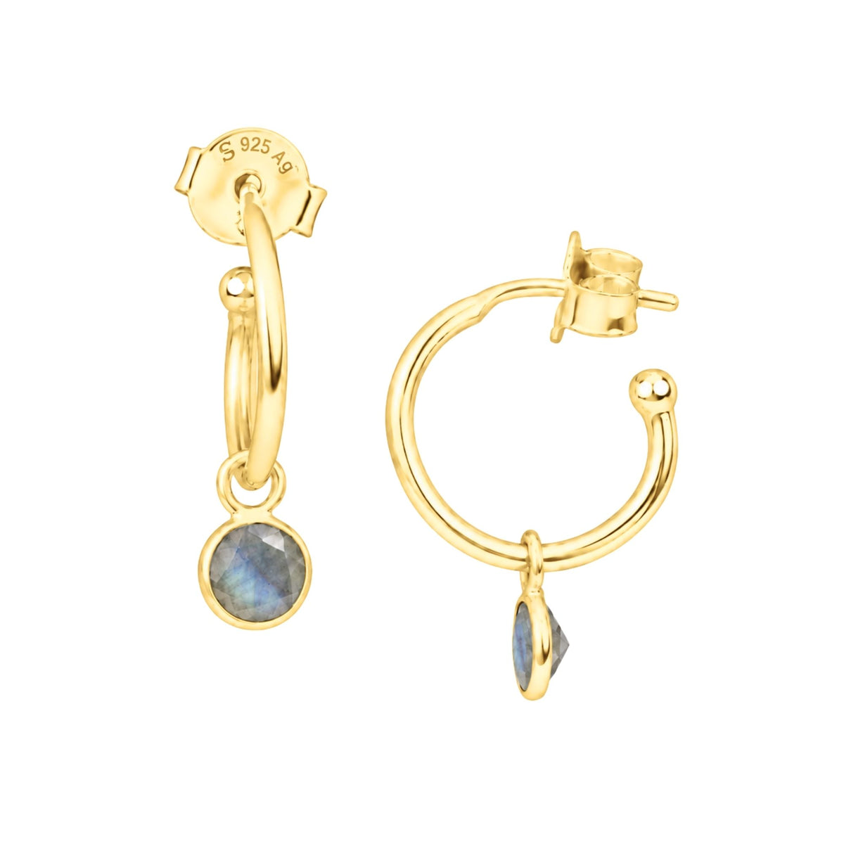 Small faceted labradorite charm on gold mini hoop earrings with push-back posts on a white background