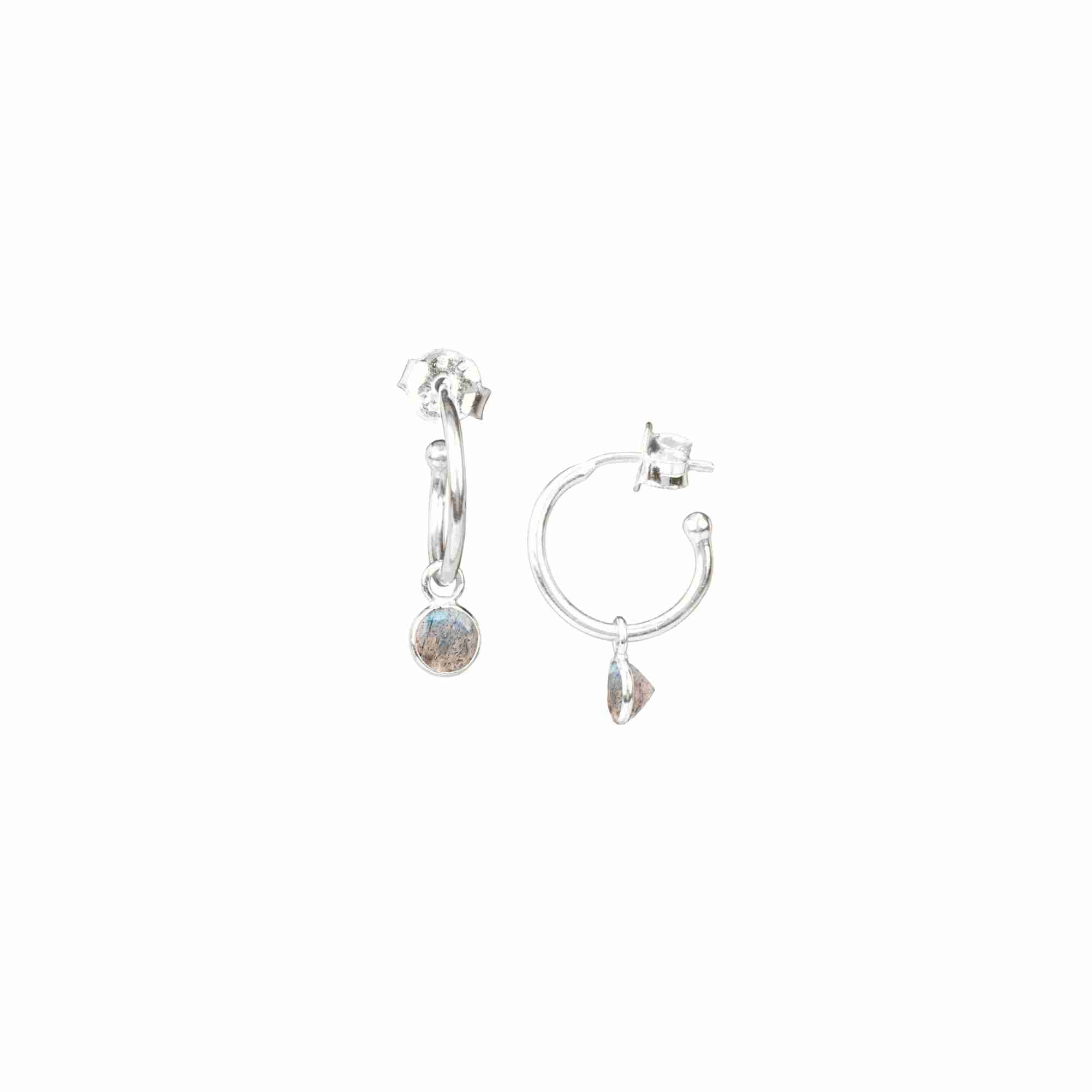 Dew Drops Hoop Earrings with Labradorite Charm Silver — elegant 92.5 recycled sterling silver small hoop earrings featuring a dangling, bezel-set round natural flashing labradorite gemstone charm by Protsaah Zurich.