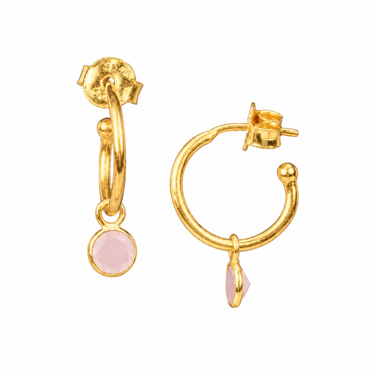 Small faceted pink chalcedony charm on gold mini hoop earrings with push-back posts on a white background