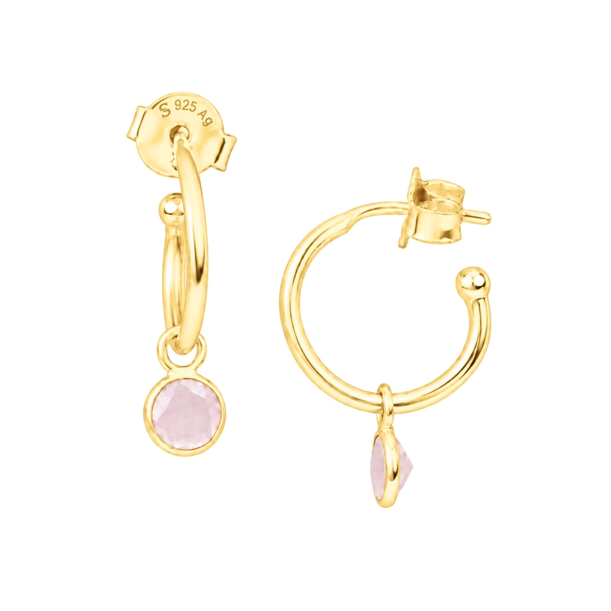Small faceted pink chalcedony charm on gold mini hoop earrings with push-back posts on a white background