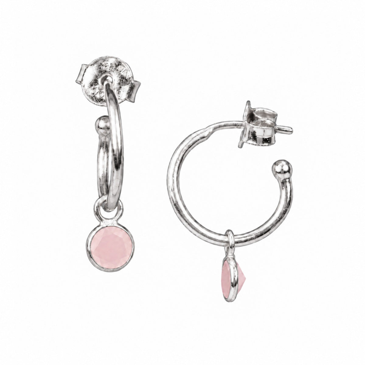 Small faceted pink chalcedony charm on silver mini hoop earrings with push-back posts on a white background