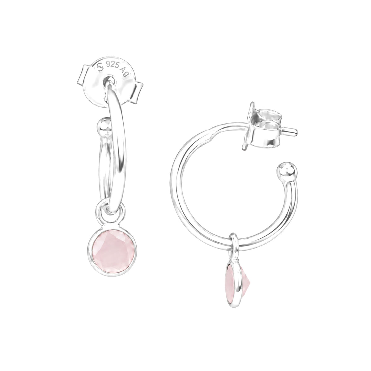 Small faceted pink chalcedony charm on silver mini hoop earrings with push-back posts on a white background