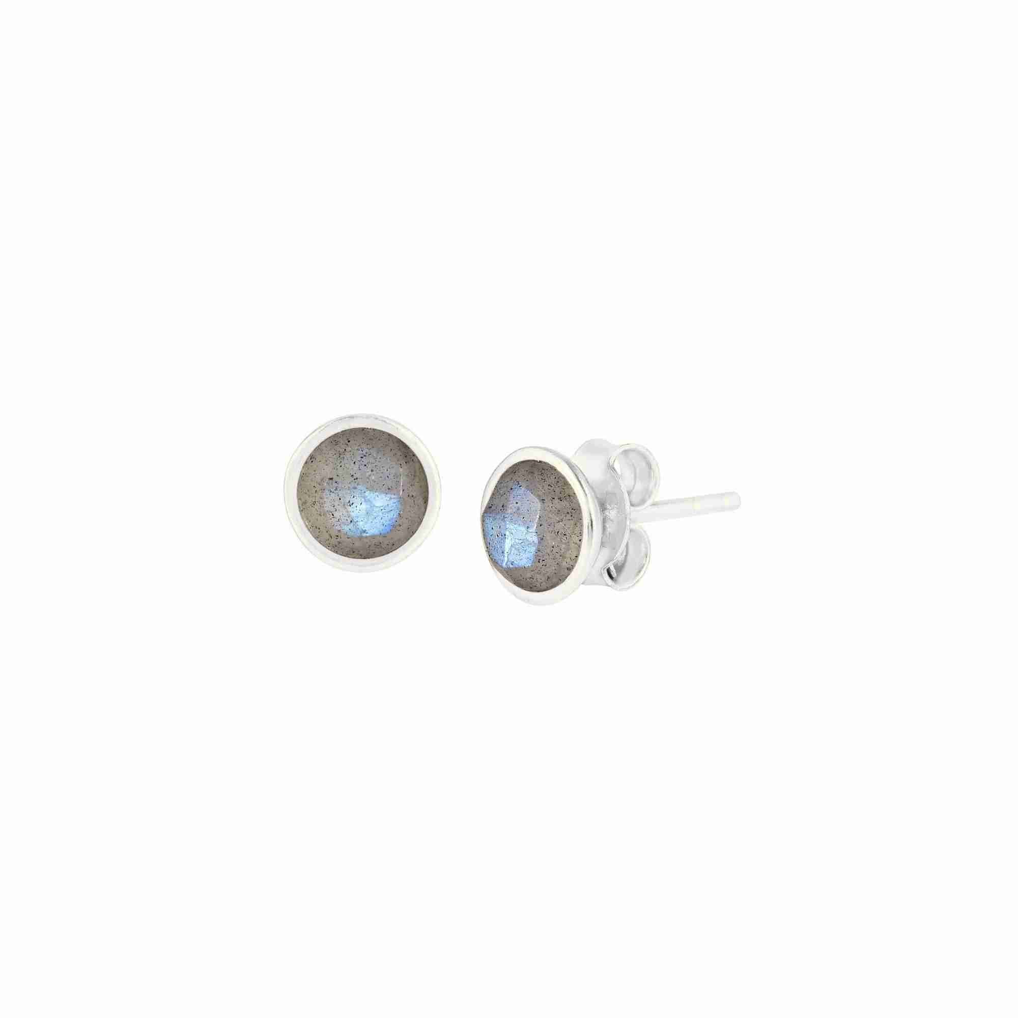 Drops Labradorite Bezel Round Stud Earrings Silver — minimal circular bezel-set round natural labradorite gemstones in high-shine 925 sterling silver studs — Protsaah.