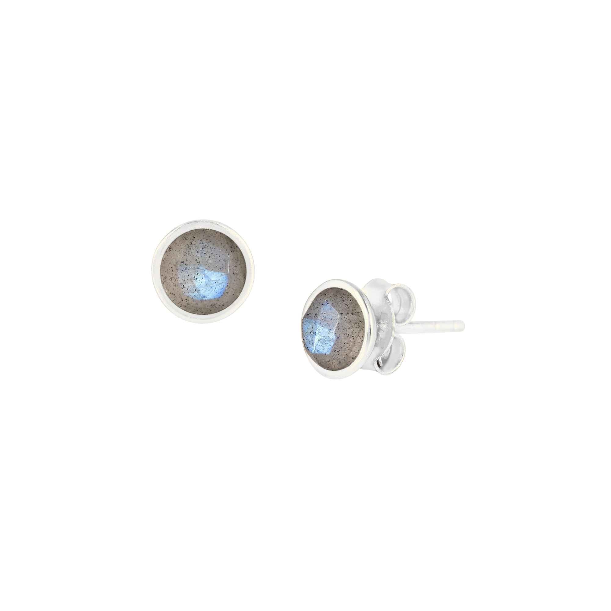 Dew Drops Labradorite Bezel Round Stud Earrings Silver — Pair of round natural Labradorite gemstones with grey-blue iridescent labradorescence, in a minimal circular bezel setting in high-polish 925 sterling silver, on a butterfly-back post. Product studio shot on white background — Protsaah.