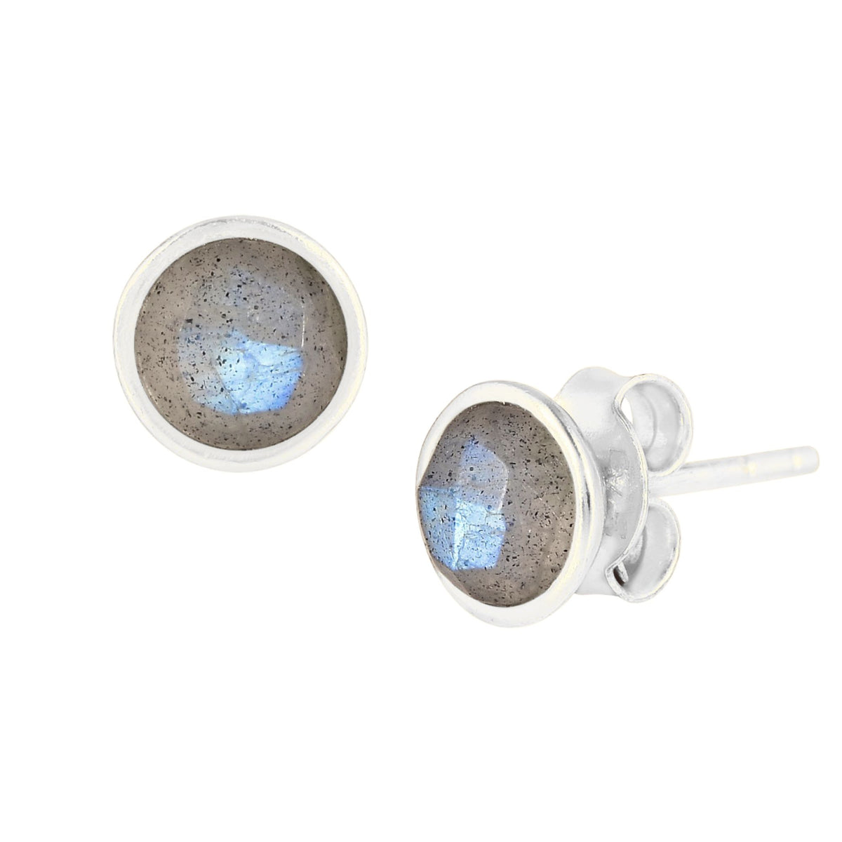 Round faceted 6mm labradorite domed stud earrings in a silver collet on a white background