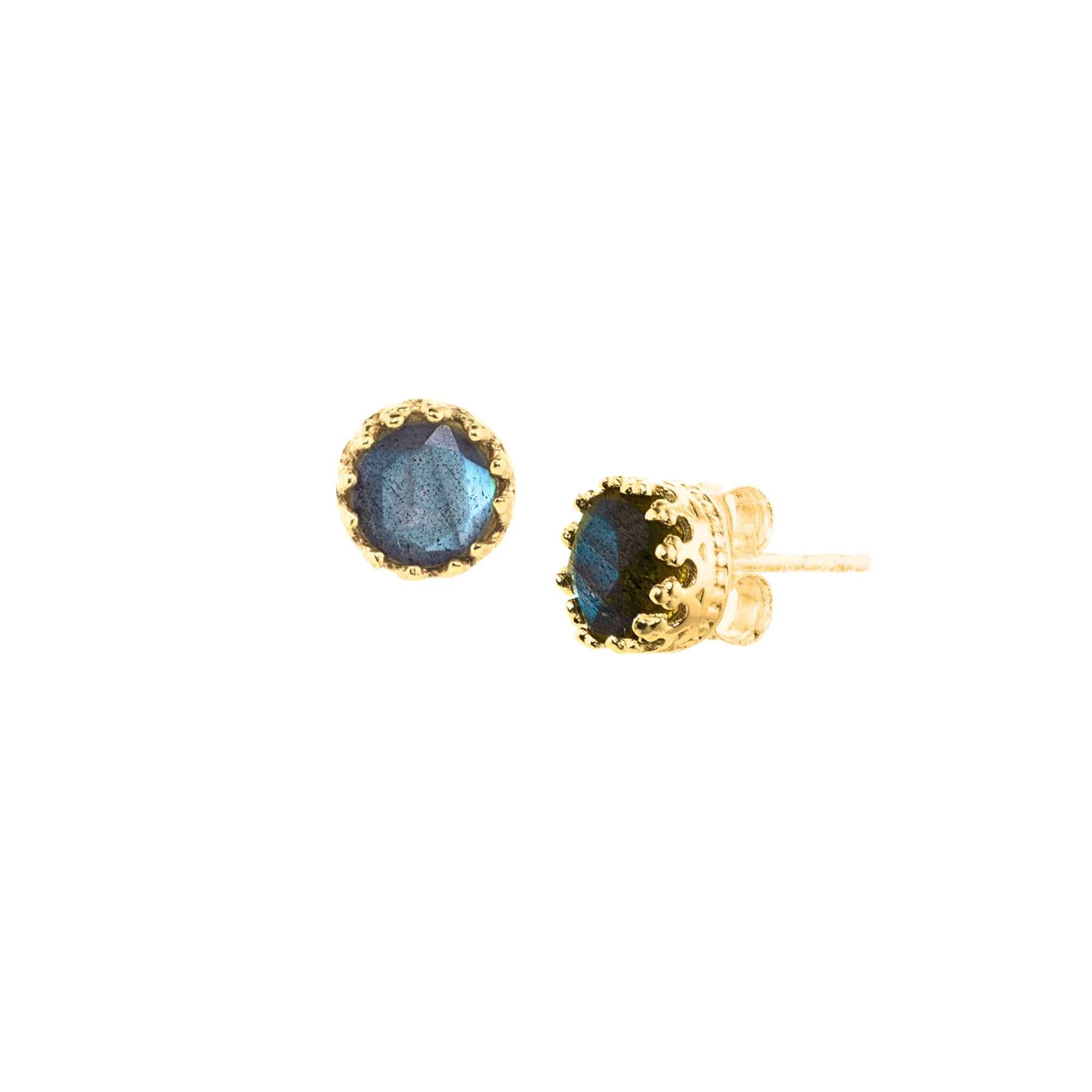 Dew Drops Labradorite Crown Stud Earrings Gold — high-end 22K gold plated 925 Silver round stud earrings showcasing an ornate multi-prong crown setting containing a faceted natural iridescent gray-blue labradorite gemstone by Protsaah Zurich.