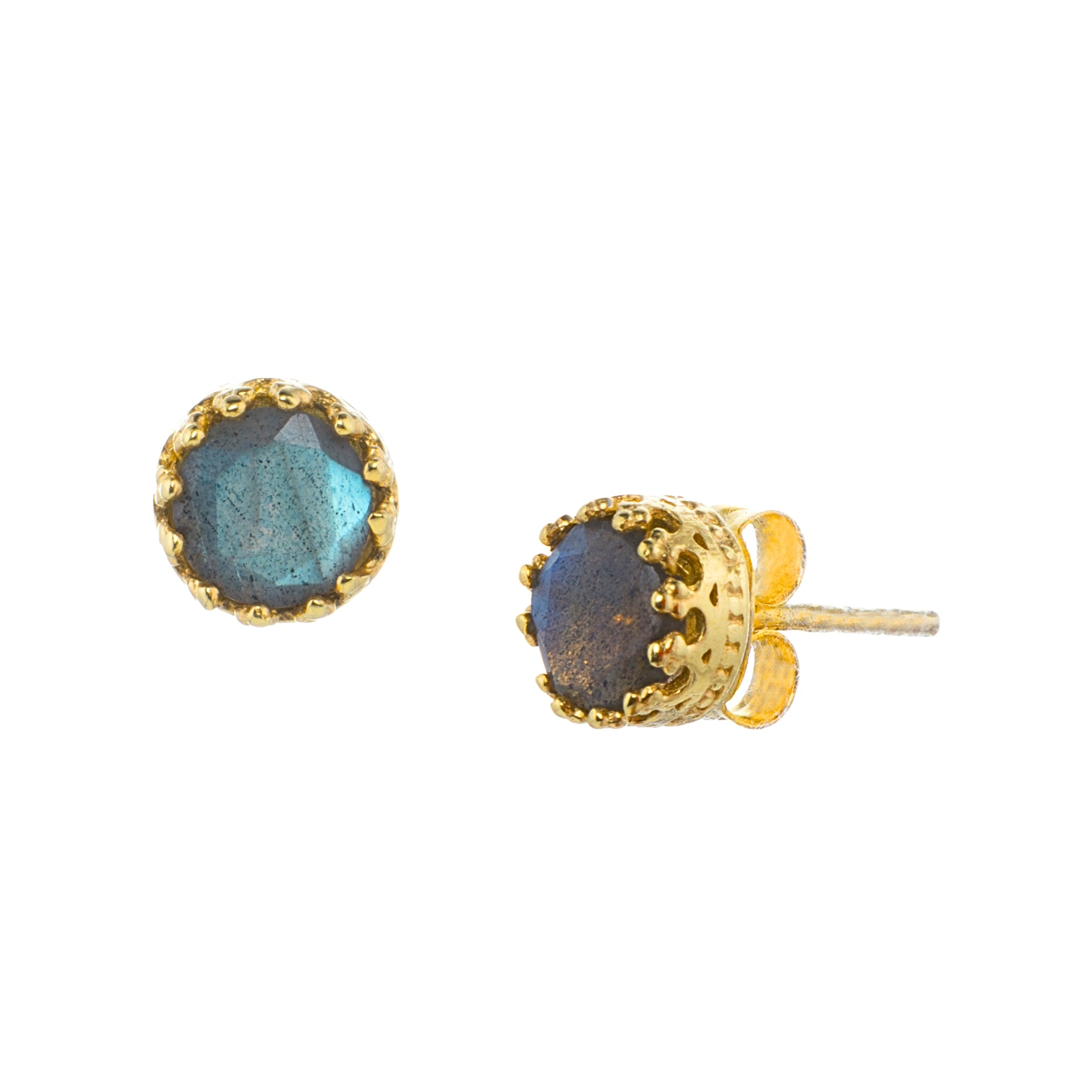 Round faceted 7mm labradorite stud earrings with a blue flash in a gold crown setting on a white background