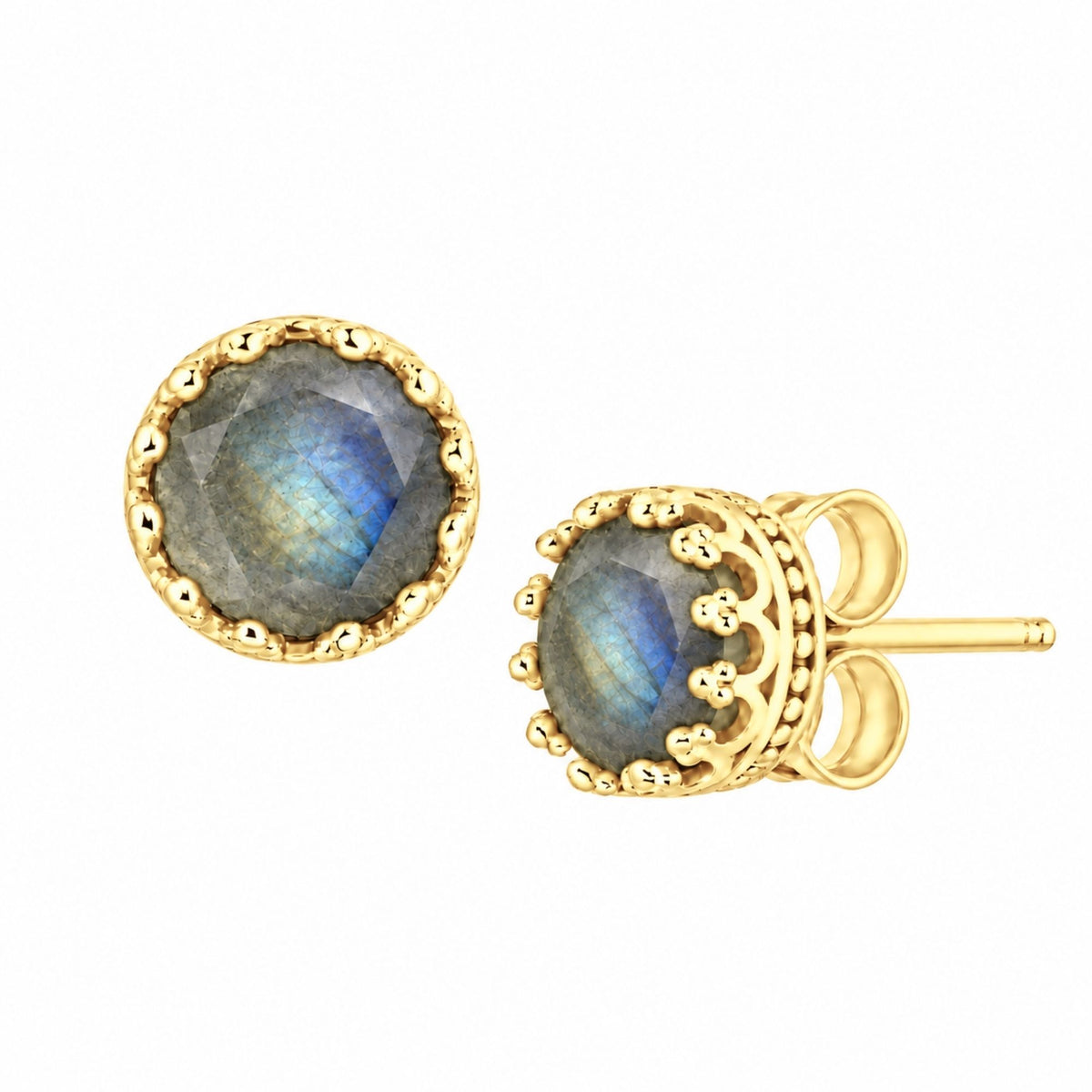 Round faceted 7mm labradorite stud earrings with a blue flash in a gold crown setting on a white background