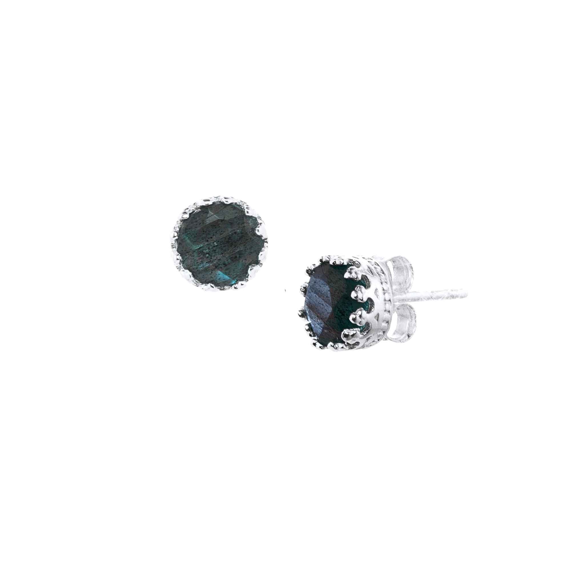 Labradorite Crown Stud Earrings in silver against a plain white background, showcasing the round faceted Labradorite gemstones nestled inside handcrafted royal crown-style decorative bezel prongs in high-polish 92.5 recycled sterling silver with secure post-and-butterfly backs by Protsaah Zurich.