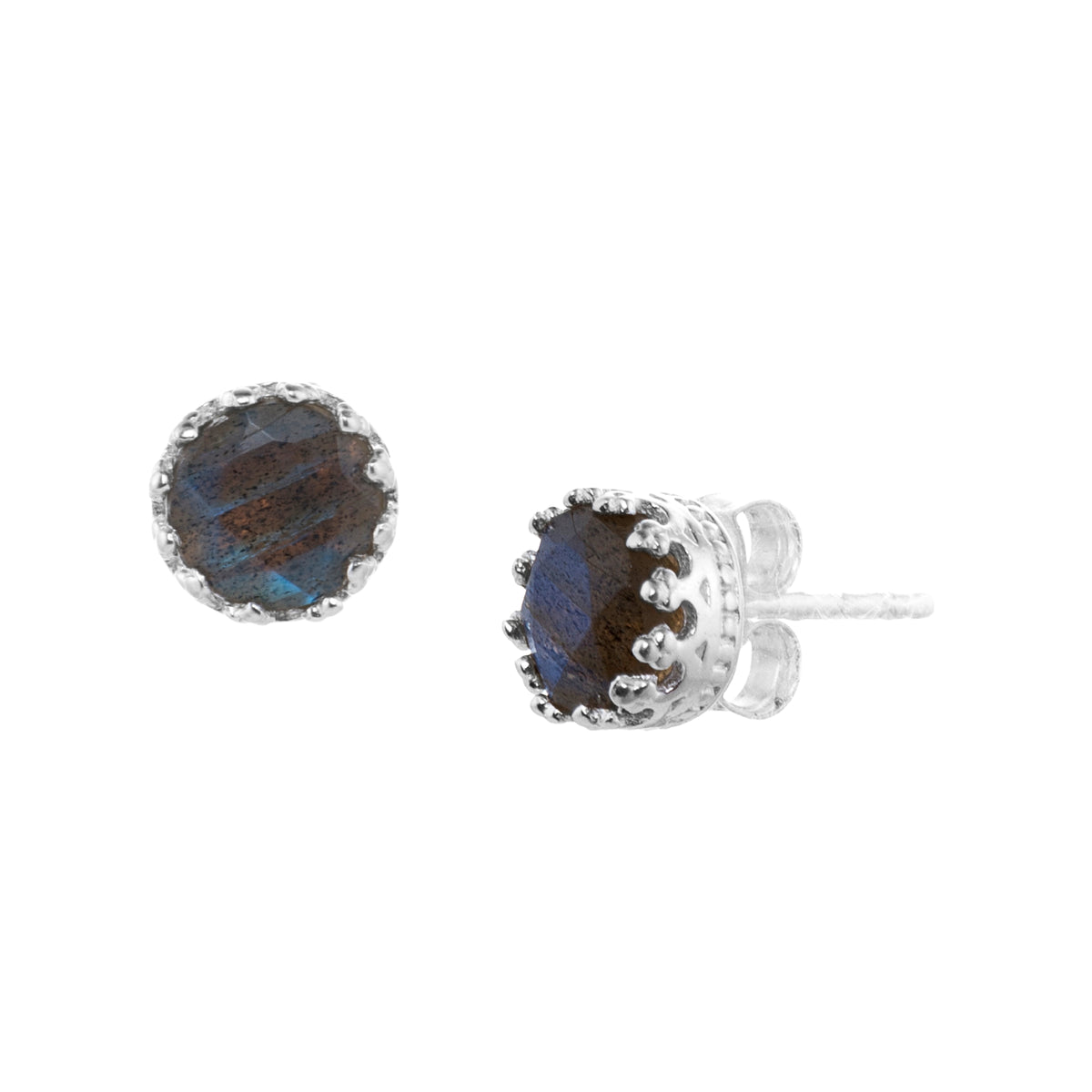 Round faceted 7mm labradorite stud earrings with a blue flash in a silver crown setting on a white background