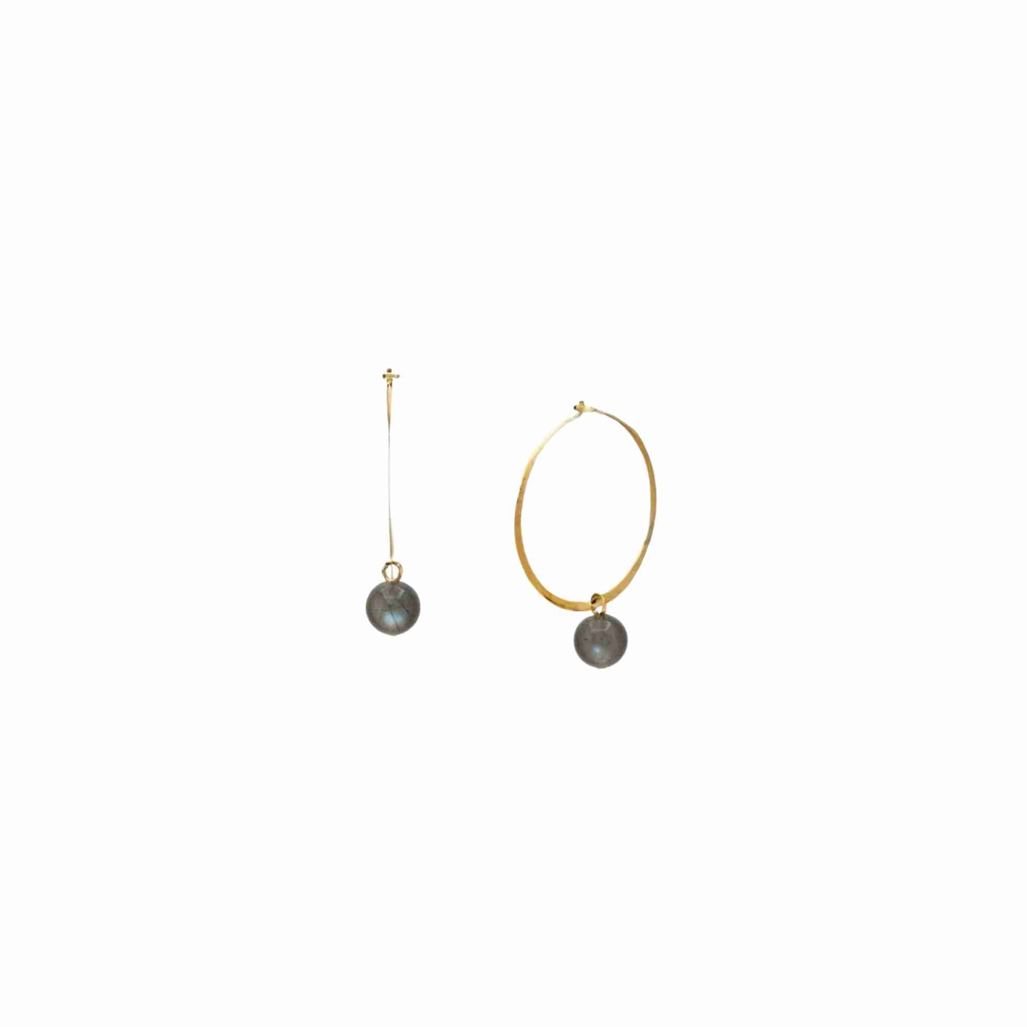 Dew Drops Labradorite Large Hoop Earrings Gold — large thin gold hoop with a round blue-green iridescent Labradorite bead drop at the base in high-polish 22K gold finish on a pin closure — Protsaah.