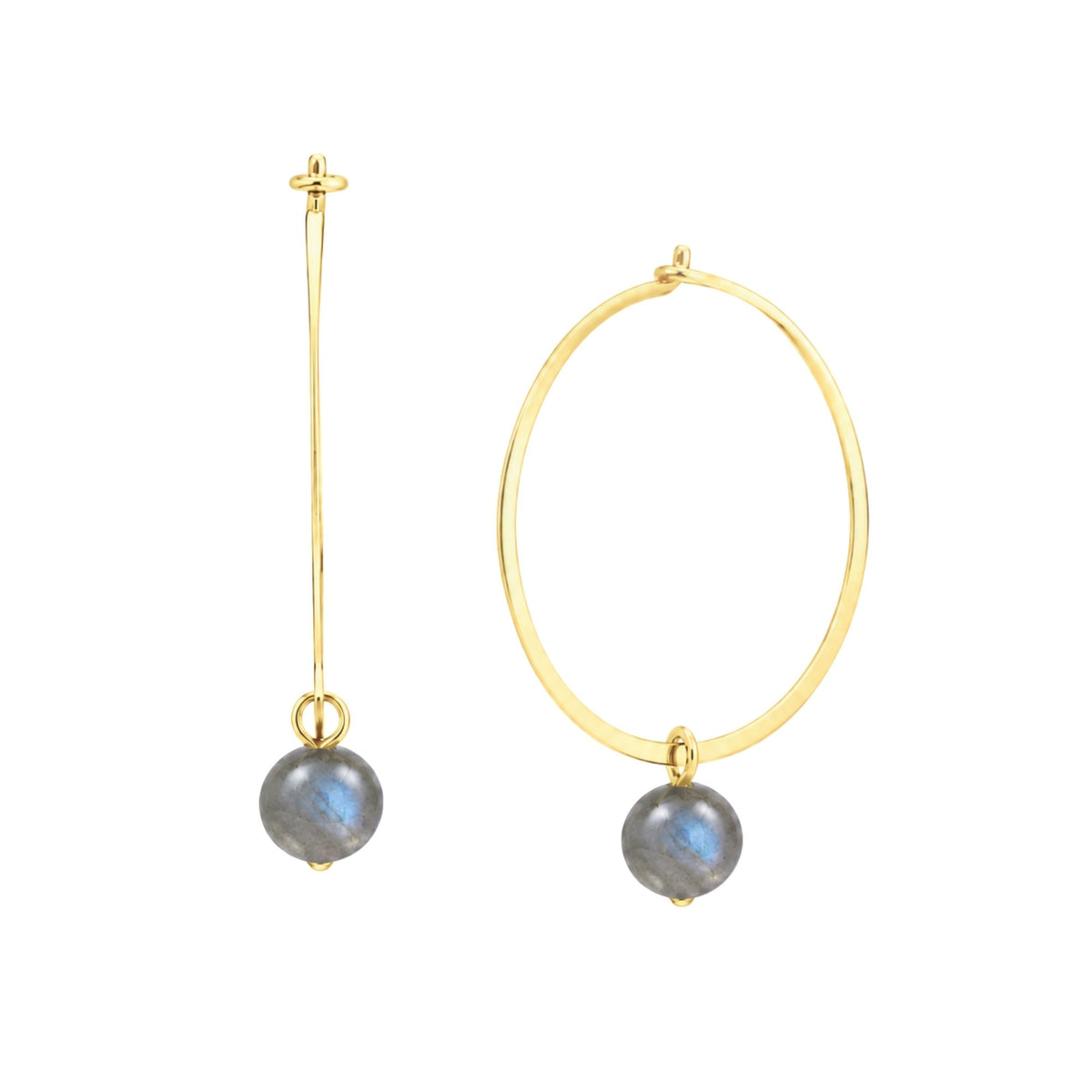 Large flat-wire gold hoop earrings with a smooth labradorite bead drop and hook and eye catch on a white background