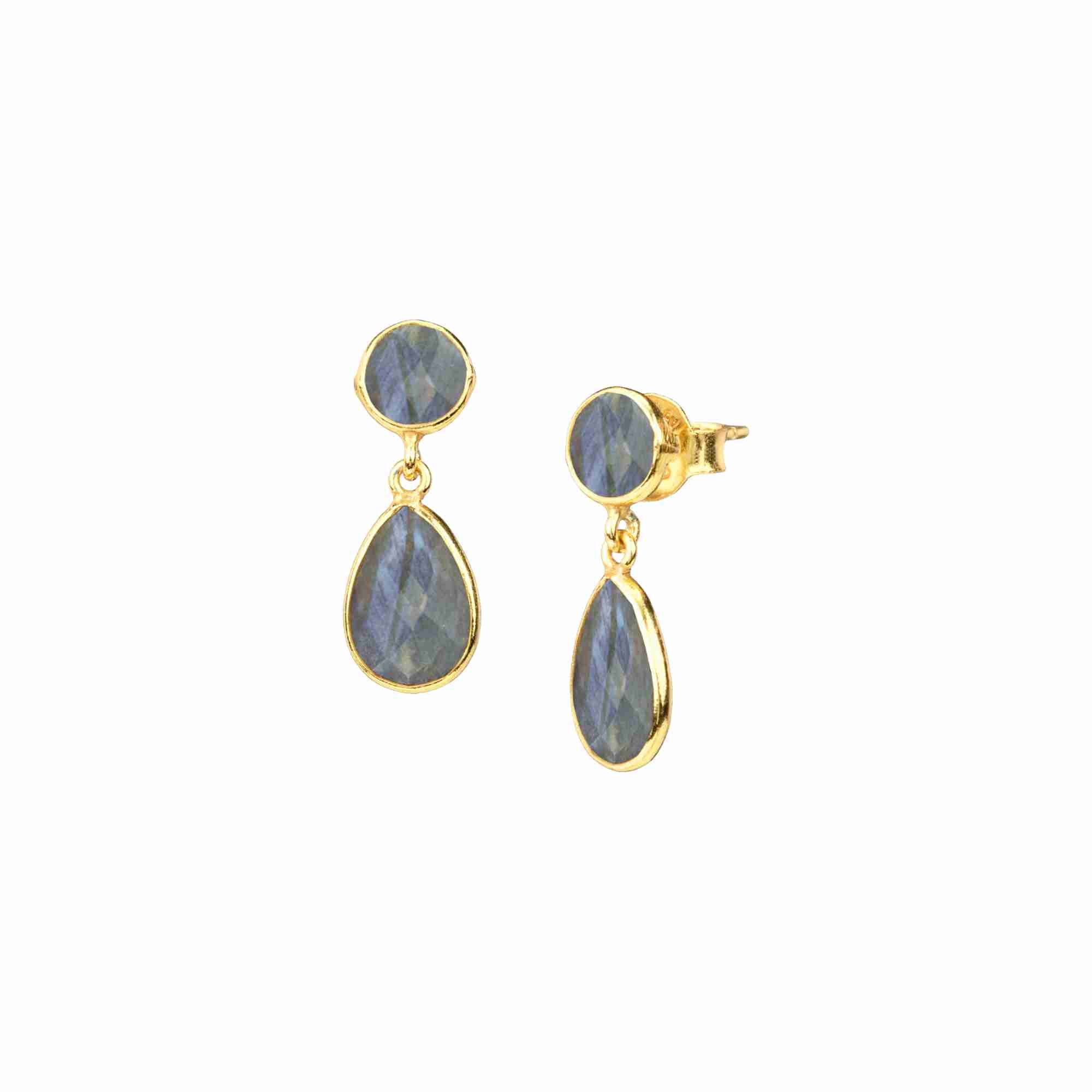 Dew Drops Labradorite Stud and Teardrop Drop Earrings Gold — mismatched labradorite stud and teardrop drop earrings in 22K gold vermeil by Protsaah Zurich.