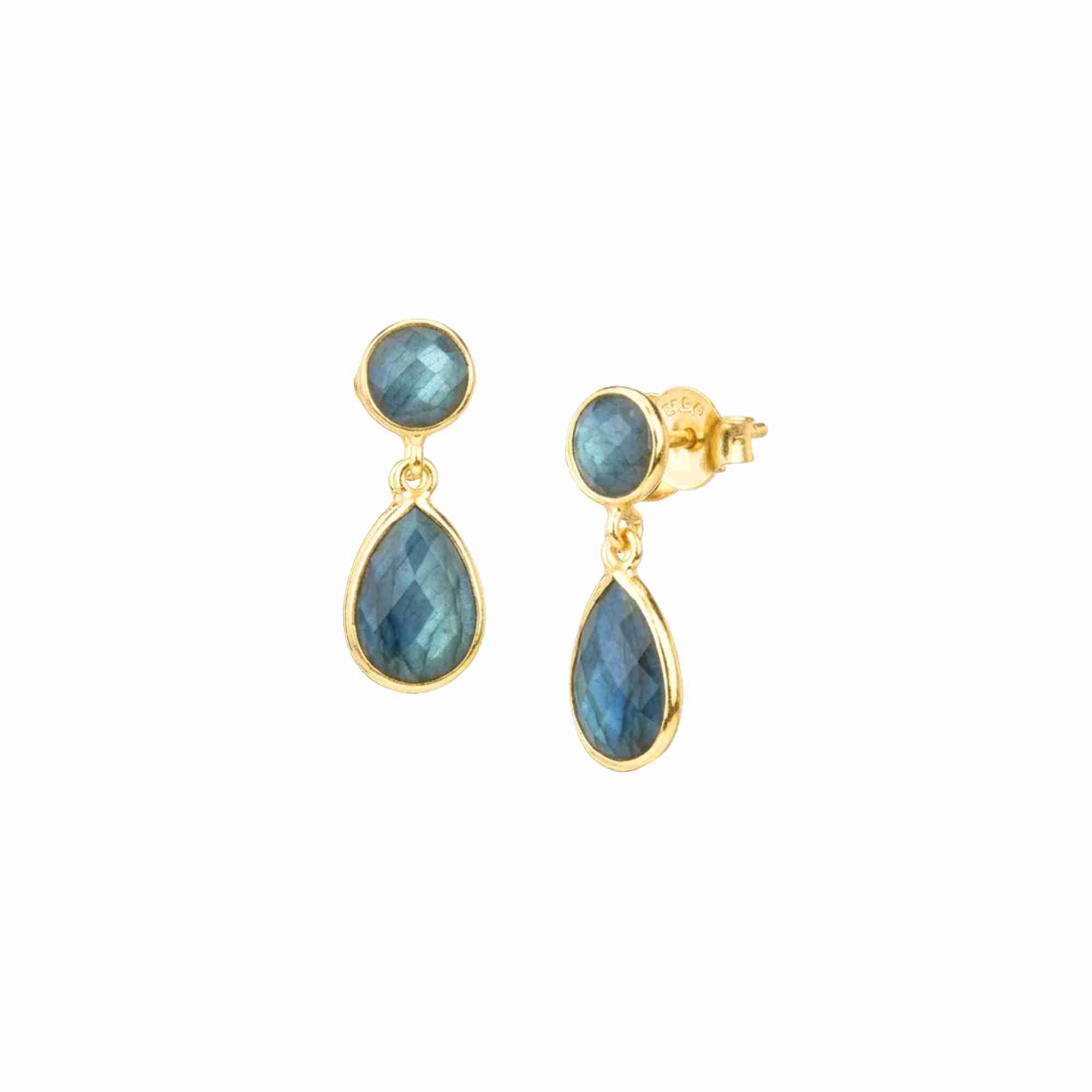 Product picture named Dew Drops displaying a front view and side profile view of the Labradorite Stud & Teardrop Drop Earrings Gold against a plain white background, showcasing handcrafted 22K gold vermeil earrings featuring a small round-cut natural Labradorite stone connected to a dangling faceted teardrop pear-shaped Labradorite gemstone with an iridescent blue-grey flash by Protsaah Zurich.