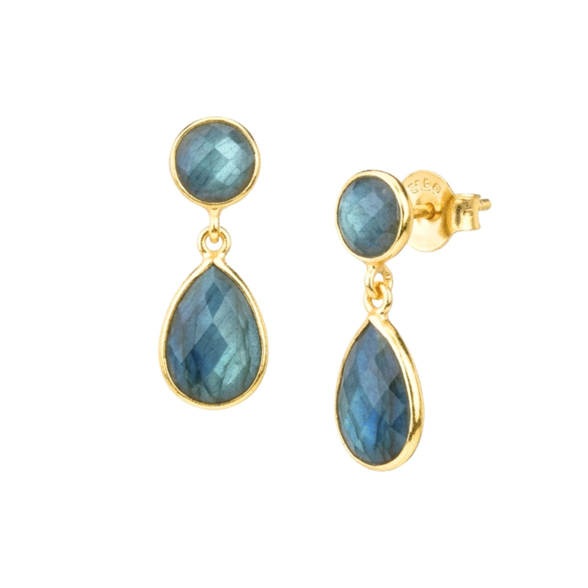 Faceted round and teardrop labradorite stud drop earrings in gold bezels on push-back posts on a white background