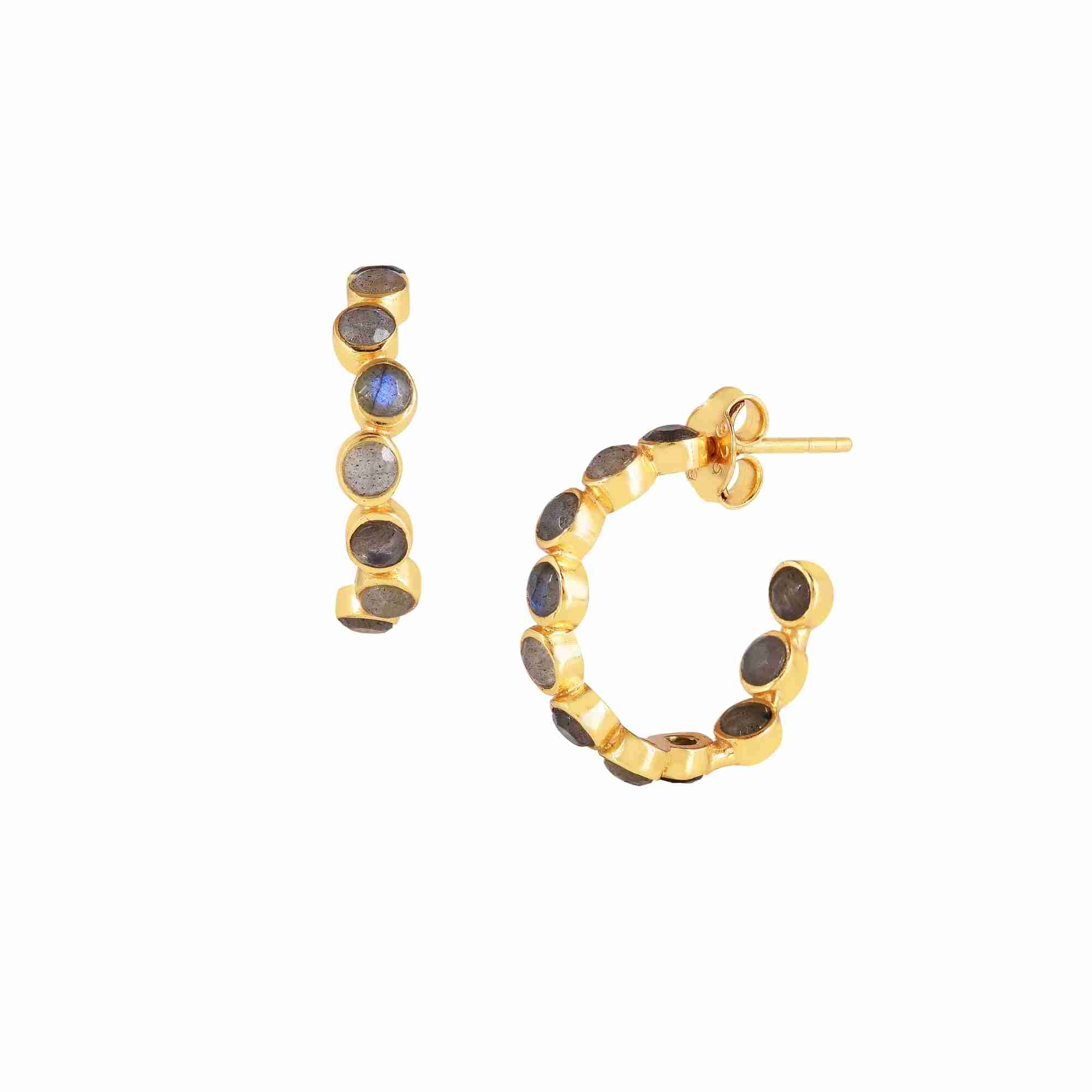 Dew Drops Labradorite Studded Hoop Earrings Gold — open hoop with round-cut Labradorite gemstones bezel-set along the outer rim in high-shine 22K gold finish with push-back post closure — Protsaah.