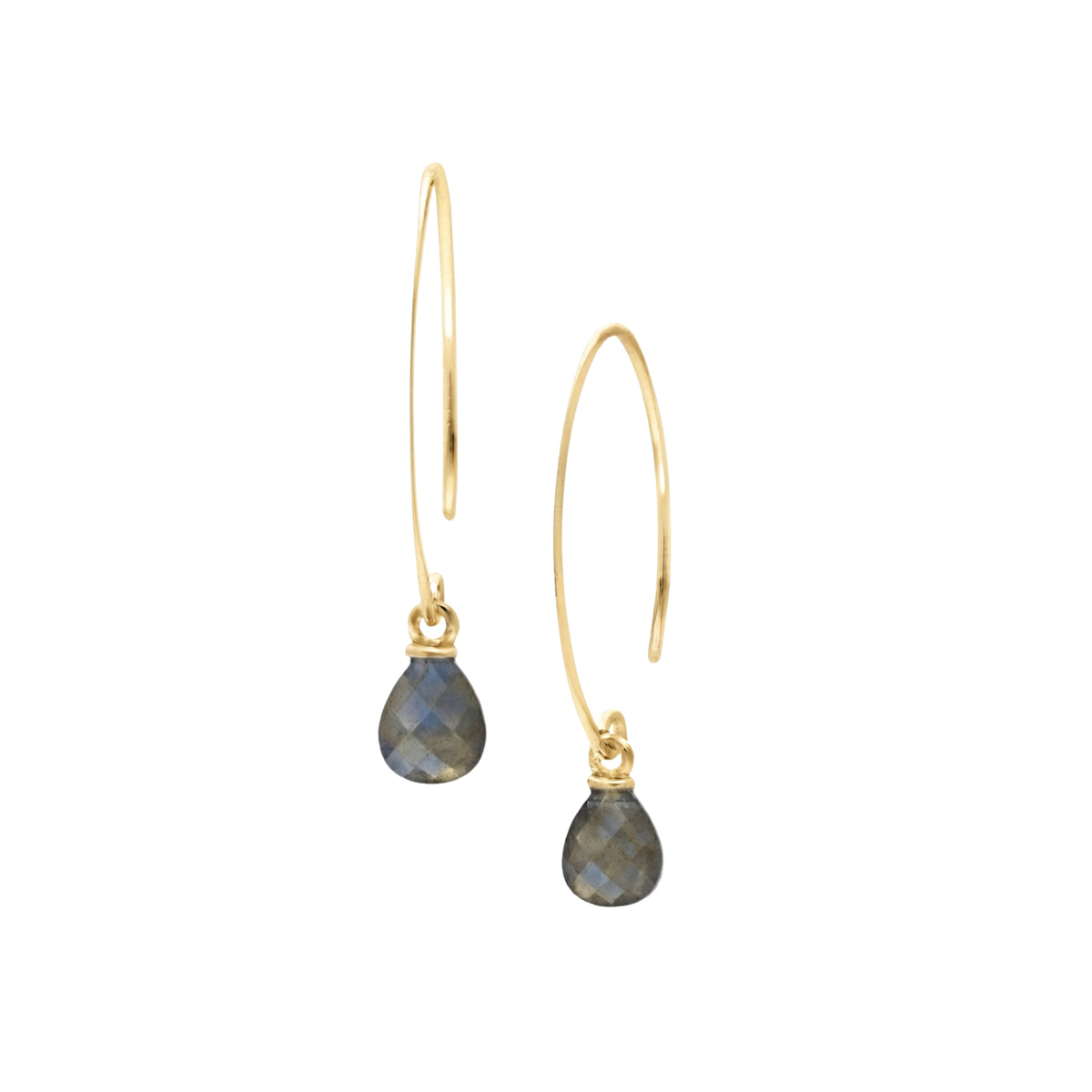 Pear briolette labradorite drop earrings on long open gold arc hooks on a white background