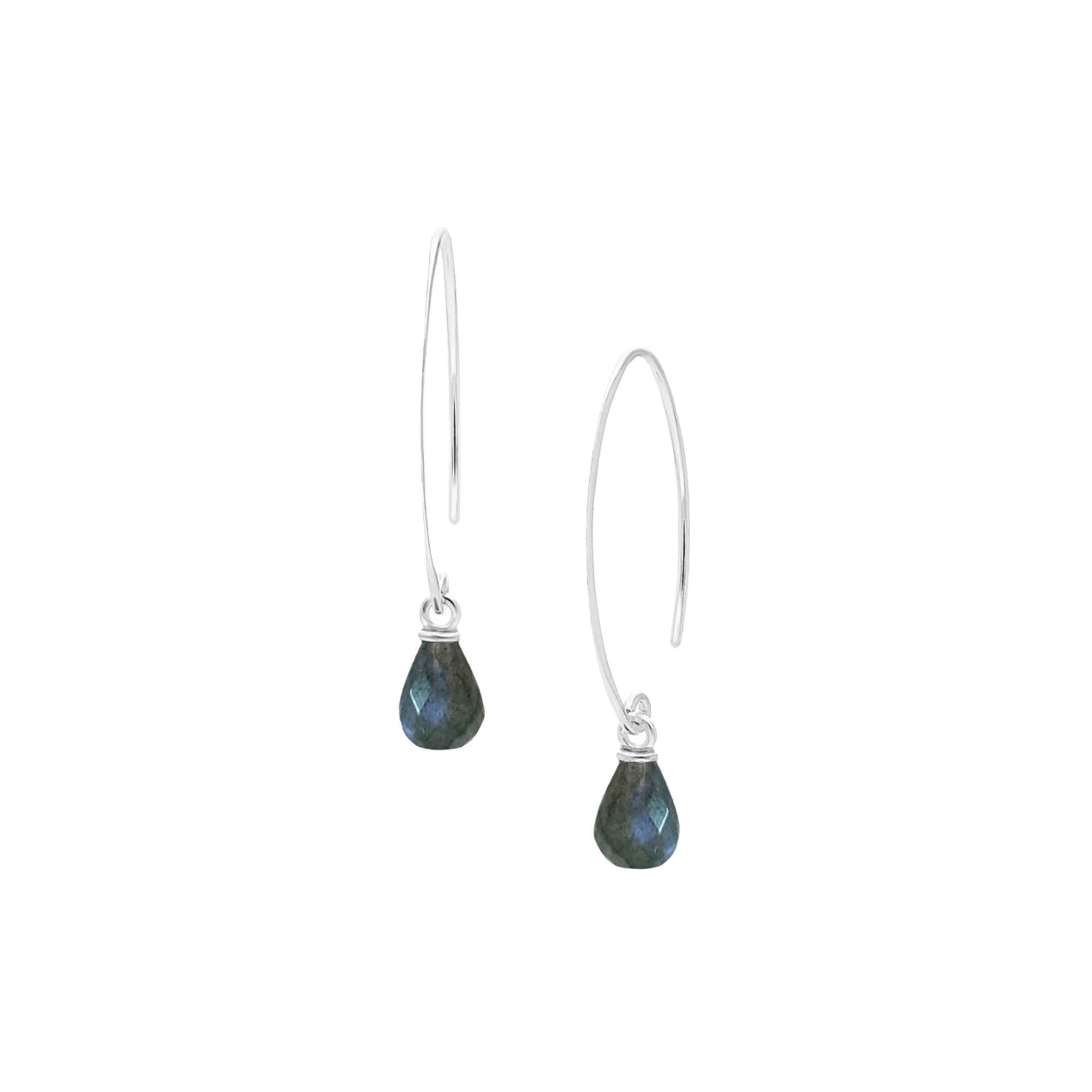 Pair of elongated, minimalist high-polish 925 Sterling Silver open marquise-shaped wire hooks, each dangling a micro-faceted teardrop briolette charm made of natural grey-blue Labradorite gemstone showing a iridescent blue-green labradorescence sheen against a plain white background — Protsaah Zurich.