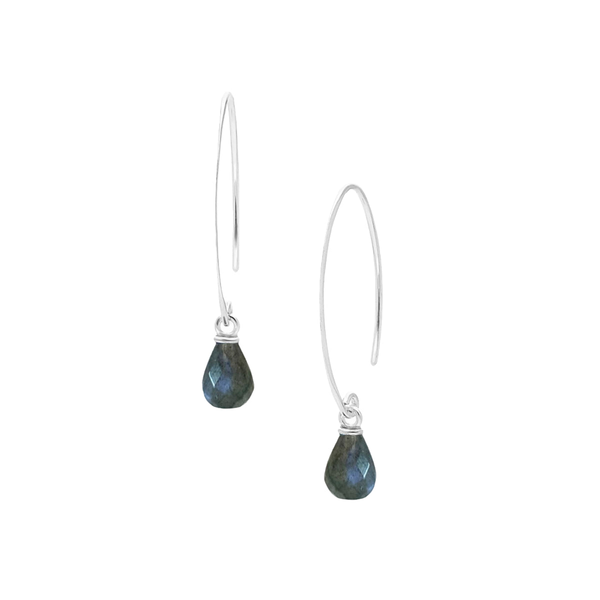 Pear briolette labradorite drop earrings on long open silver arc hooks on a white background