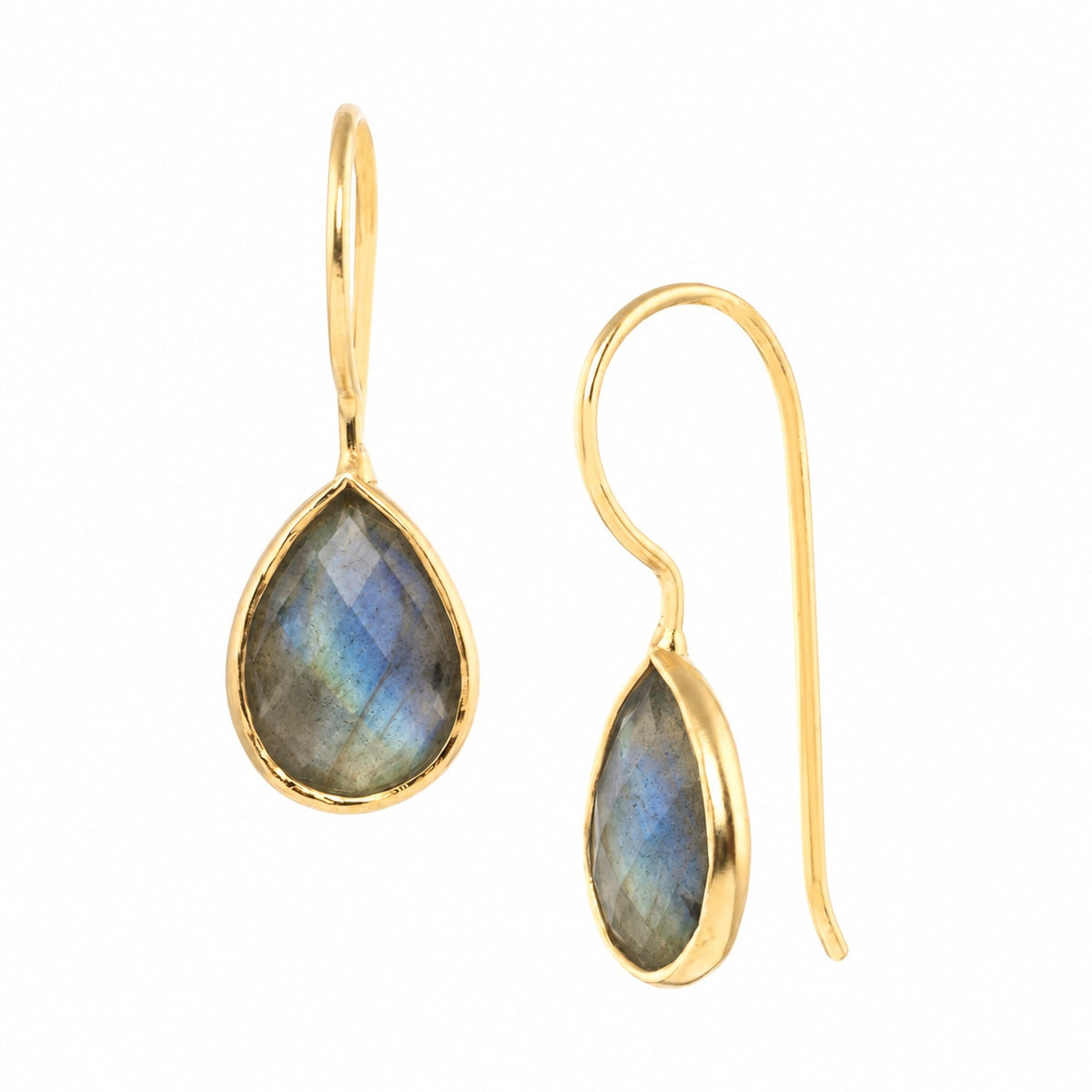 Faceted 7 x 10mm labradorite teardrop drop earrings in a gold bezel on wire hooks on a white background