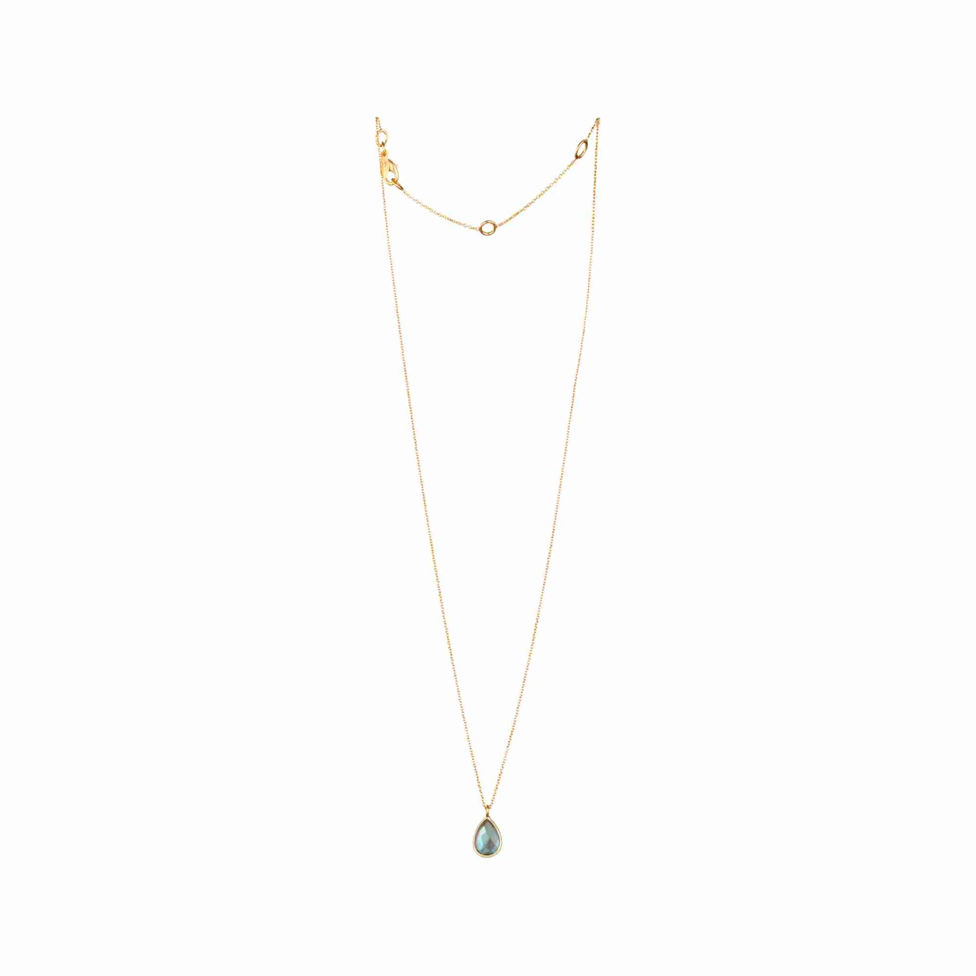 Detail shot of Dew Drops Labradorite Teardrop Pendant Necklace Gold — close-up of the iridescent labradorite teardrop in 22K gold vermeil by Protsaah Zurich.